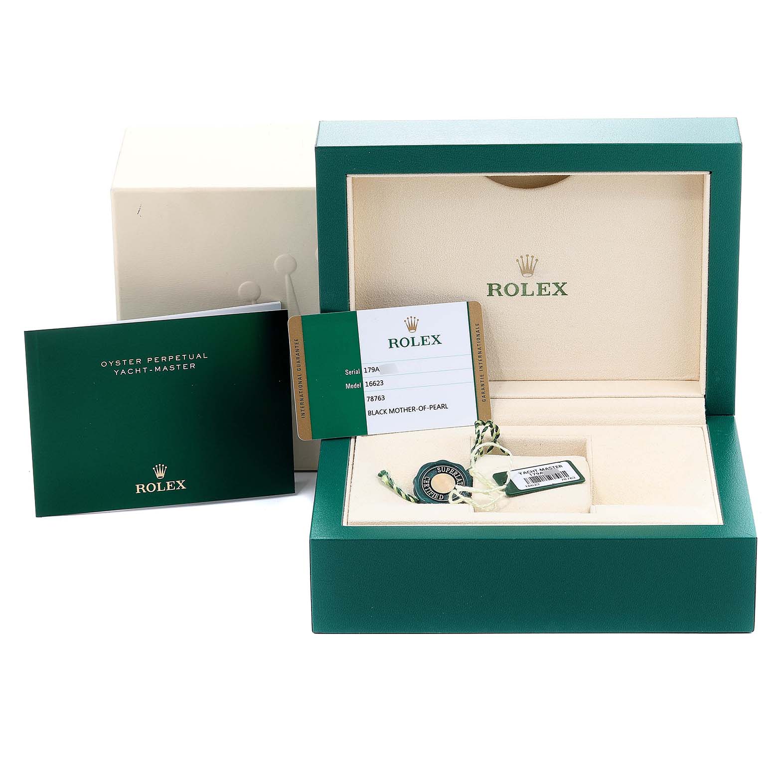 The image shows the packaging, warranty card, booklet, and tag for the Rolex Yacht-Master 16623 Men's Steel and Gold (two tone) Mother of Pearl Dial 16623 Men's Steel and Gold (two tone) Mother of Pearl Dial watch model.
