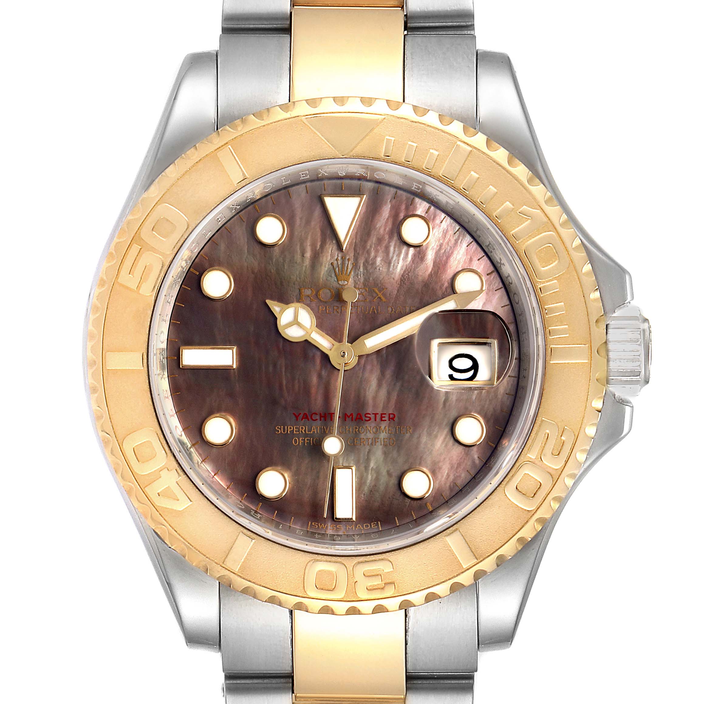 The image shows a Rolex Yacht-Master 16623 Men's Steel and Gold (two tone) Mother of Pearl Dial 16623 Men's Steel and Gold (two tone) Mother of Pearl Dial watch from a front angle, displaying its dial, bezel, and bracelet.