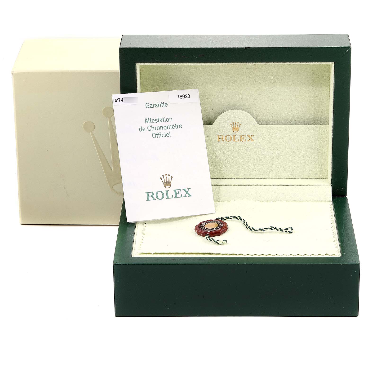 The image shows the Rolex Yacht-Master 16623 Men's Steel and Gold (two tone) Mother of Pearl Dial 16623 Men's Steel and Gold (two tone) Mother of Pearl Dial box with documentation and a tag, viewed from the front.