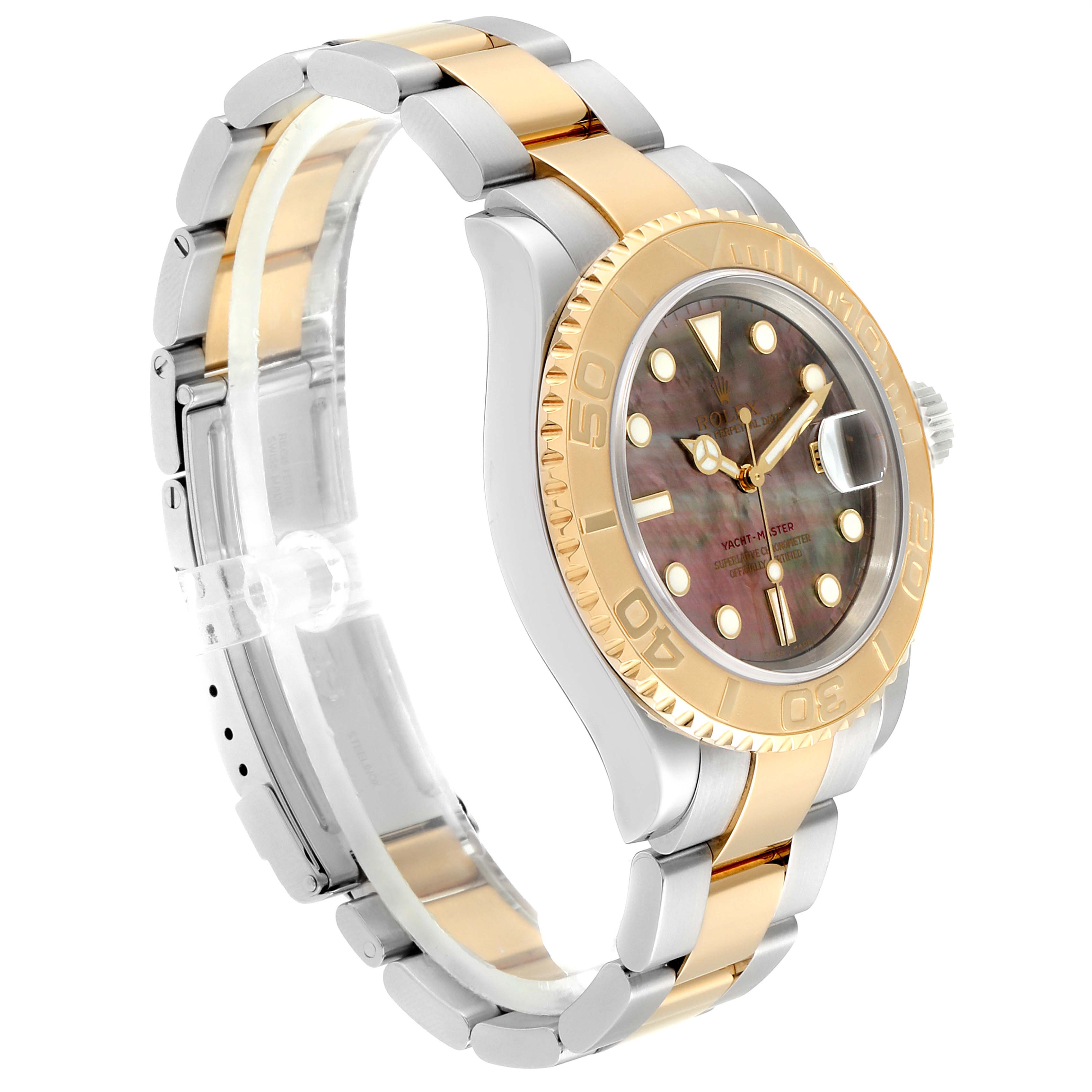 This Rolex Yacht-Master 16623 Men's Steel and Gold (two tone) Mother of Pearl Dial 16623 Men's Steel and Gold (two tone) Mother of Pearl Dial watch is shown at a side angle, displaying its two-tone bracelet, bezel, and face.