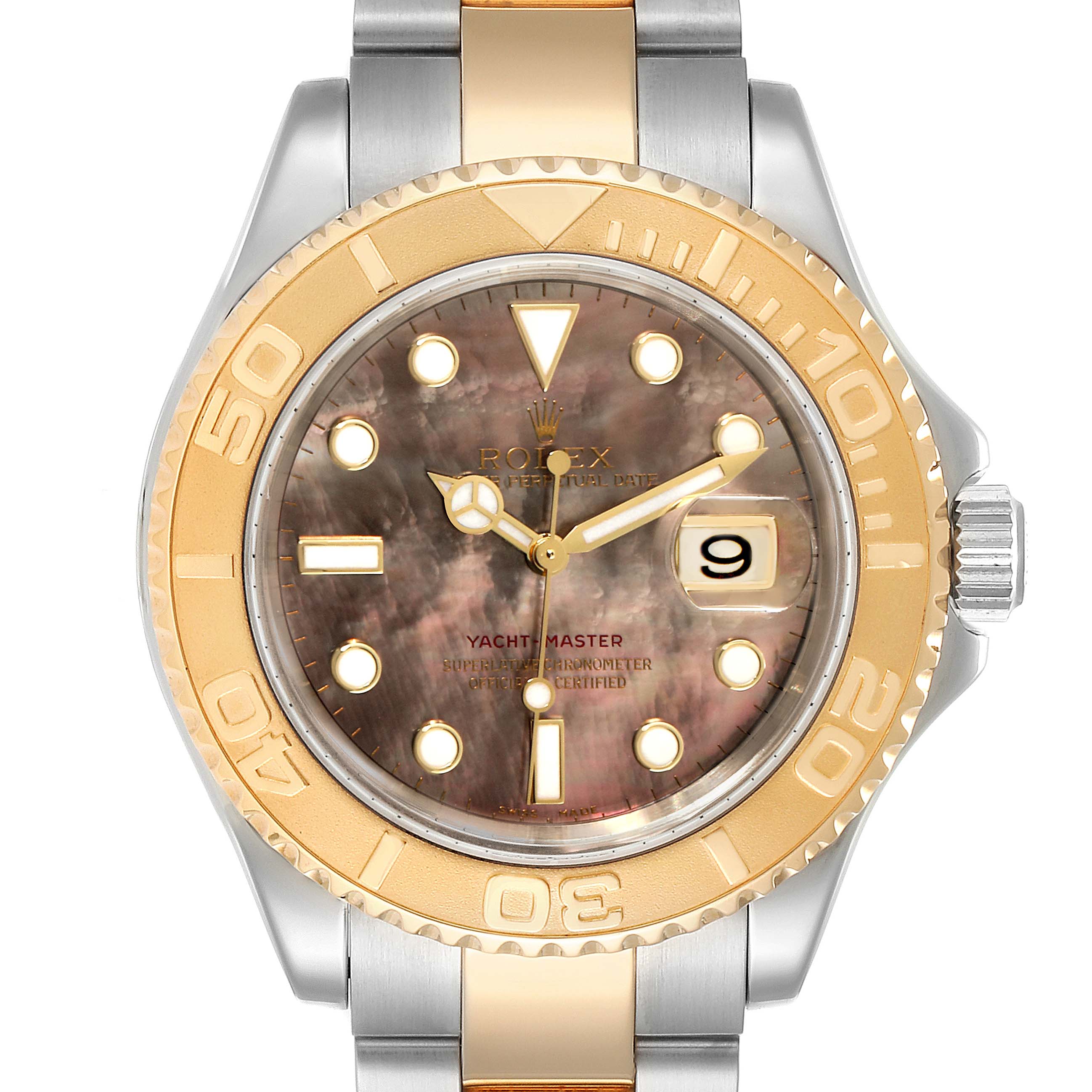 The image shows a front view of a Rolex Yacht-Master 16623 Men's Steel and Gold (two tone) Mother of Pearl Dial 16623 Men's Steel and Gold (two tone) Mother of Pearl Dial watch, detailing its bezel, dial, and part of the bracelet.