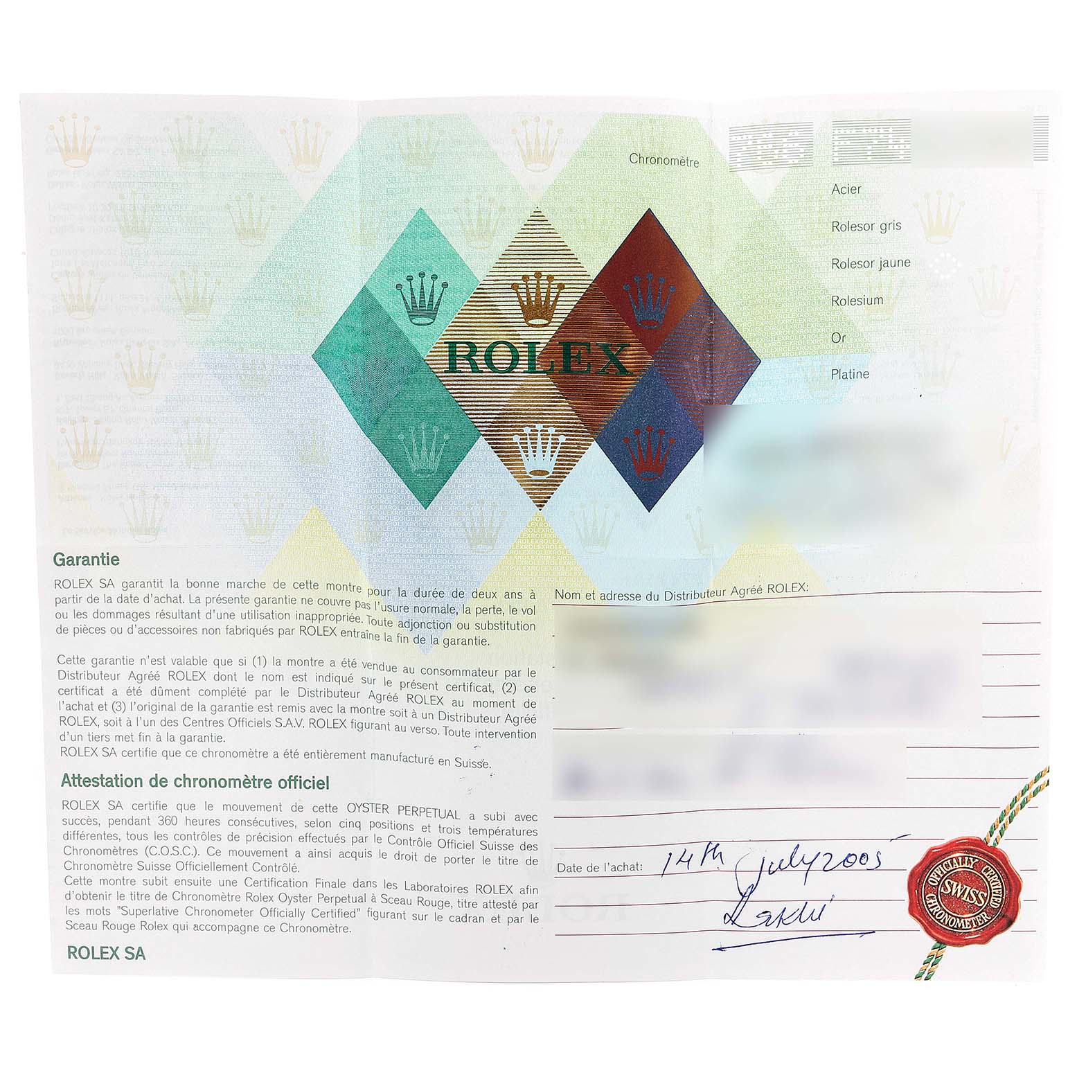The image shows a warranty certificate for a Rolex Yacht-Master 16623 Men's Steel and Gold (two tone) Mother of Pearl Dial 16623 Men's Steel and Gold (two tone) Mother of Pearl Dial model, with details, signatures, and a red seal.