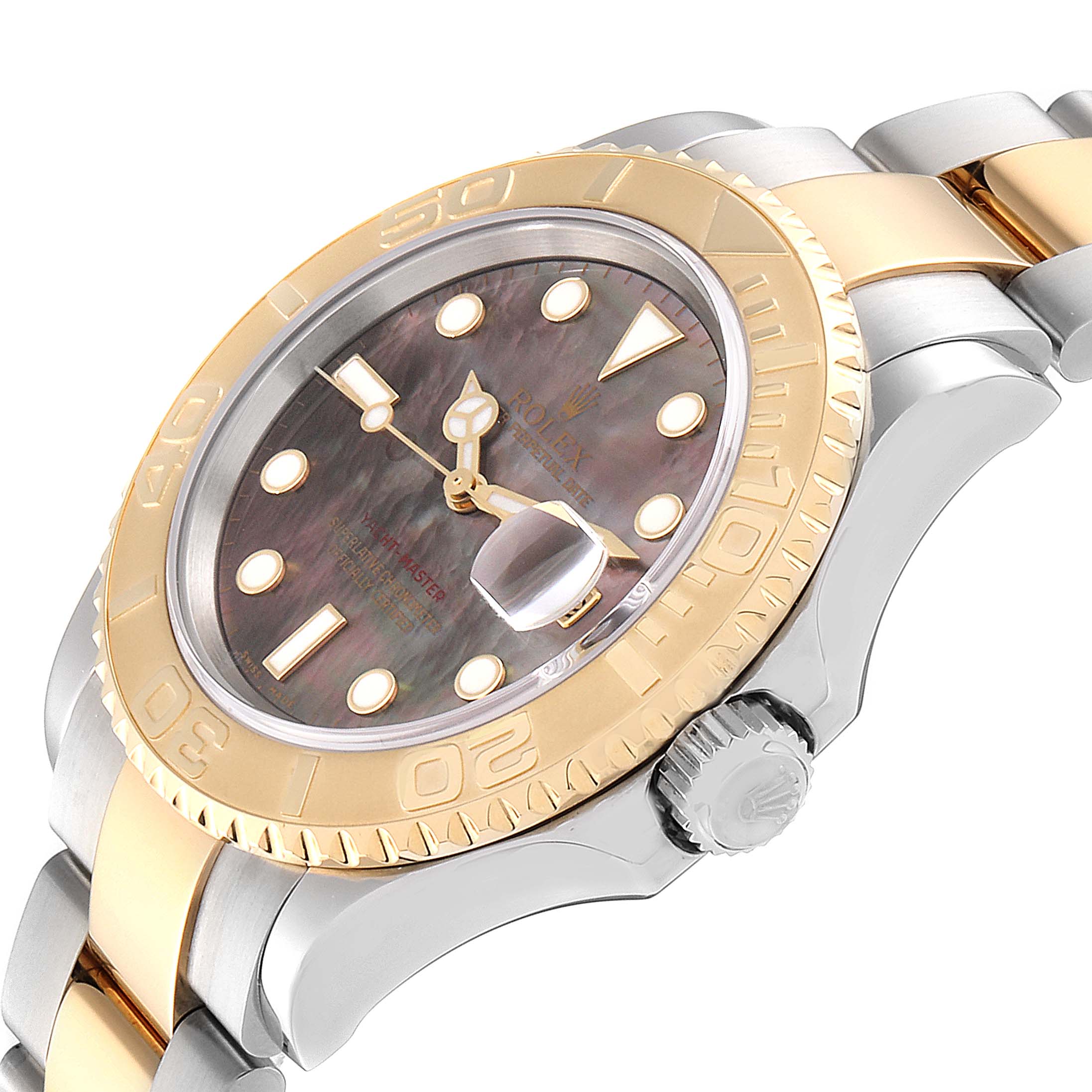 The Rolex Yacht-Master 16623 Men's Steel and Gold (two tone) Mother of Pearl Dial 16623 Men's Steel and Gold (two tone) Mother of Pearl Dial watch is shown at an angle highlighting the face, bezel, crown, and part of the bracelet.