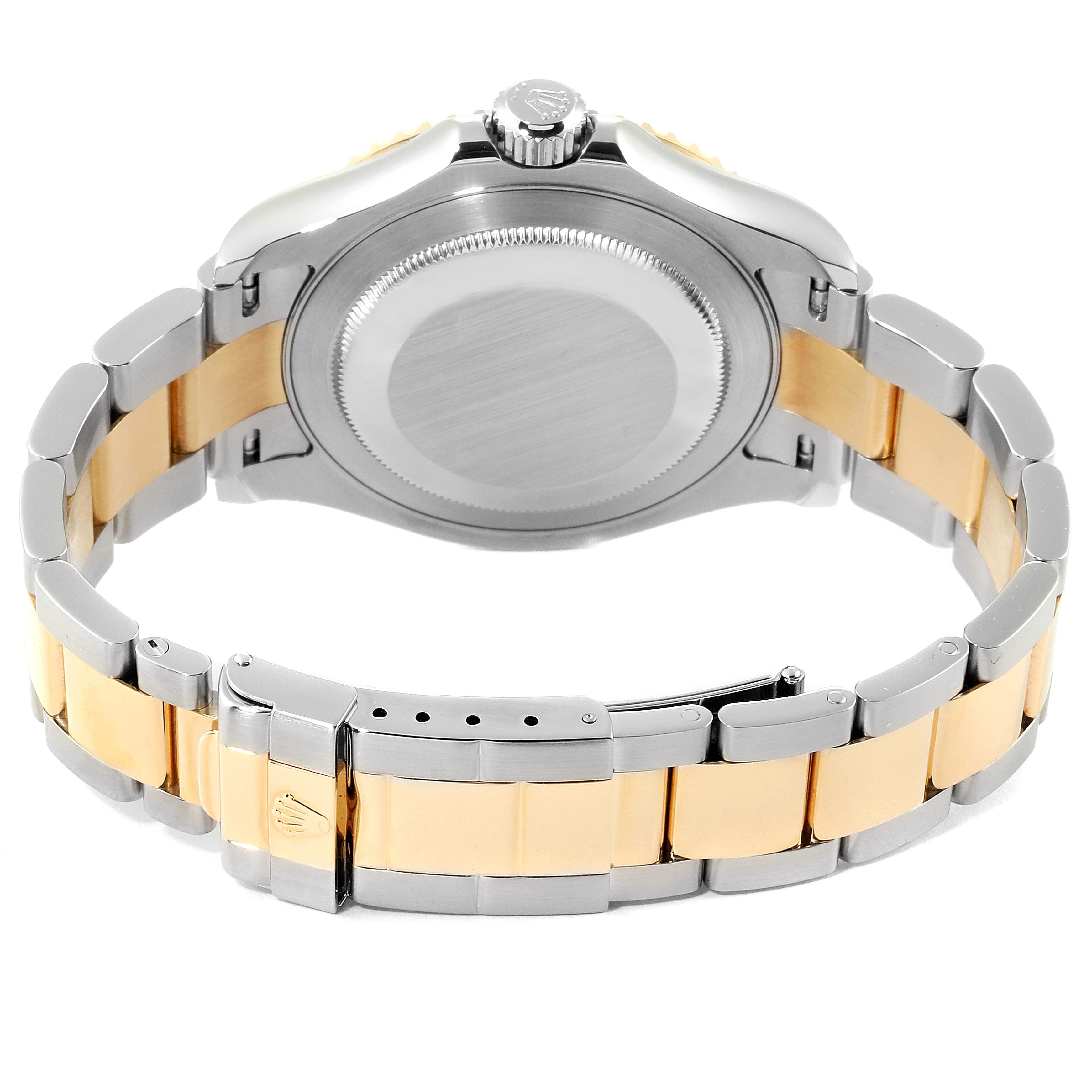 This image shows the back view and bracelet/clasp of a Rolex Yacht-Master 16623 Men's Steel and Gold (two tone) Mother of Pearl Dial 16623 Men's Steel and Gold (two tone) Mother of Pearl Dial watch.