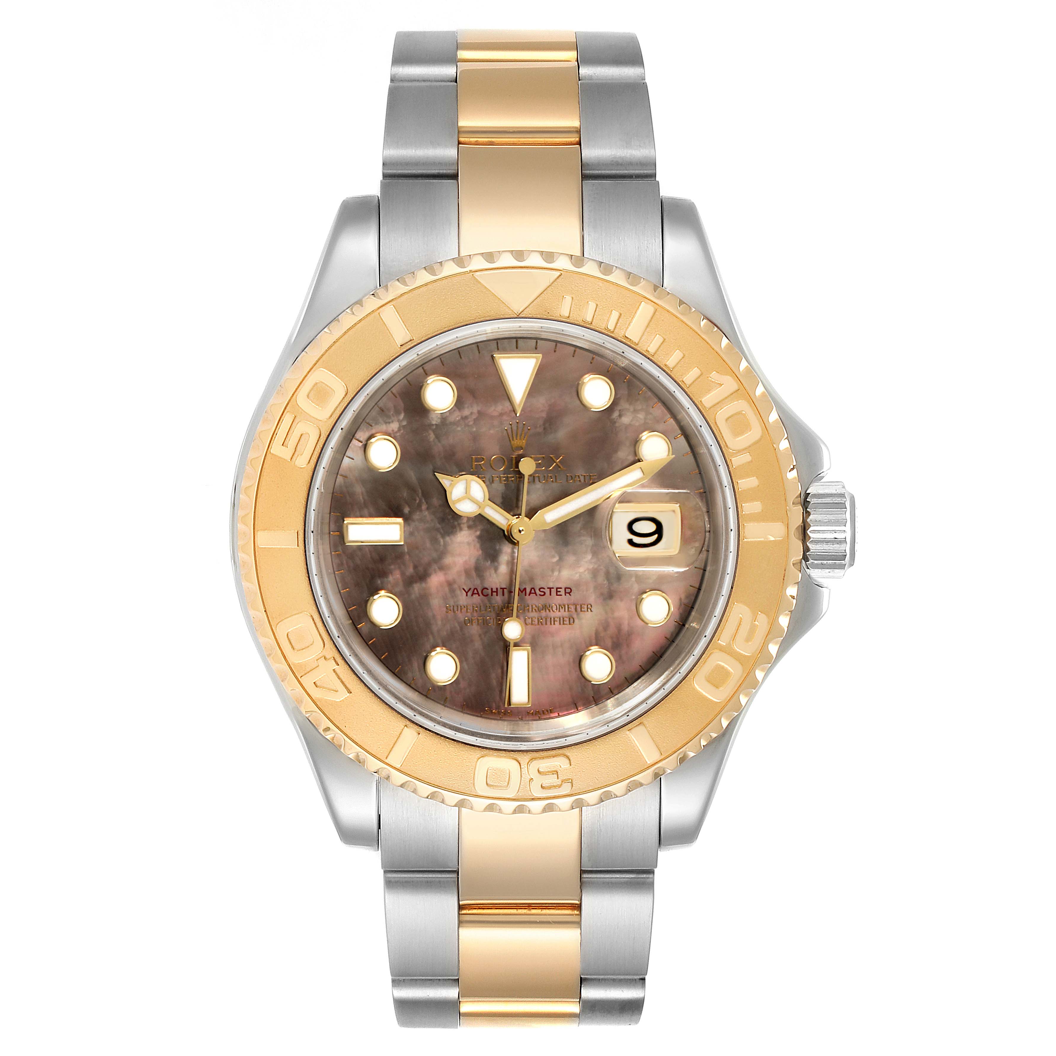 The Rolex Yacht-Master 16623 Men's Steel and Gold (two tone) Mother of Pearl Dial 16623 Men's Steel and Gold (two tone) Mother of Pearl Dial watch is shown from the front, displaying its dial, bezel, and bracelet.