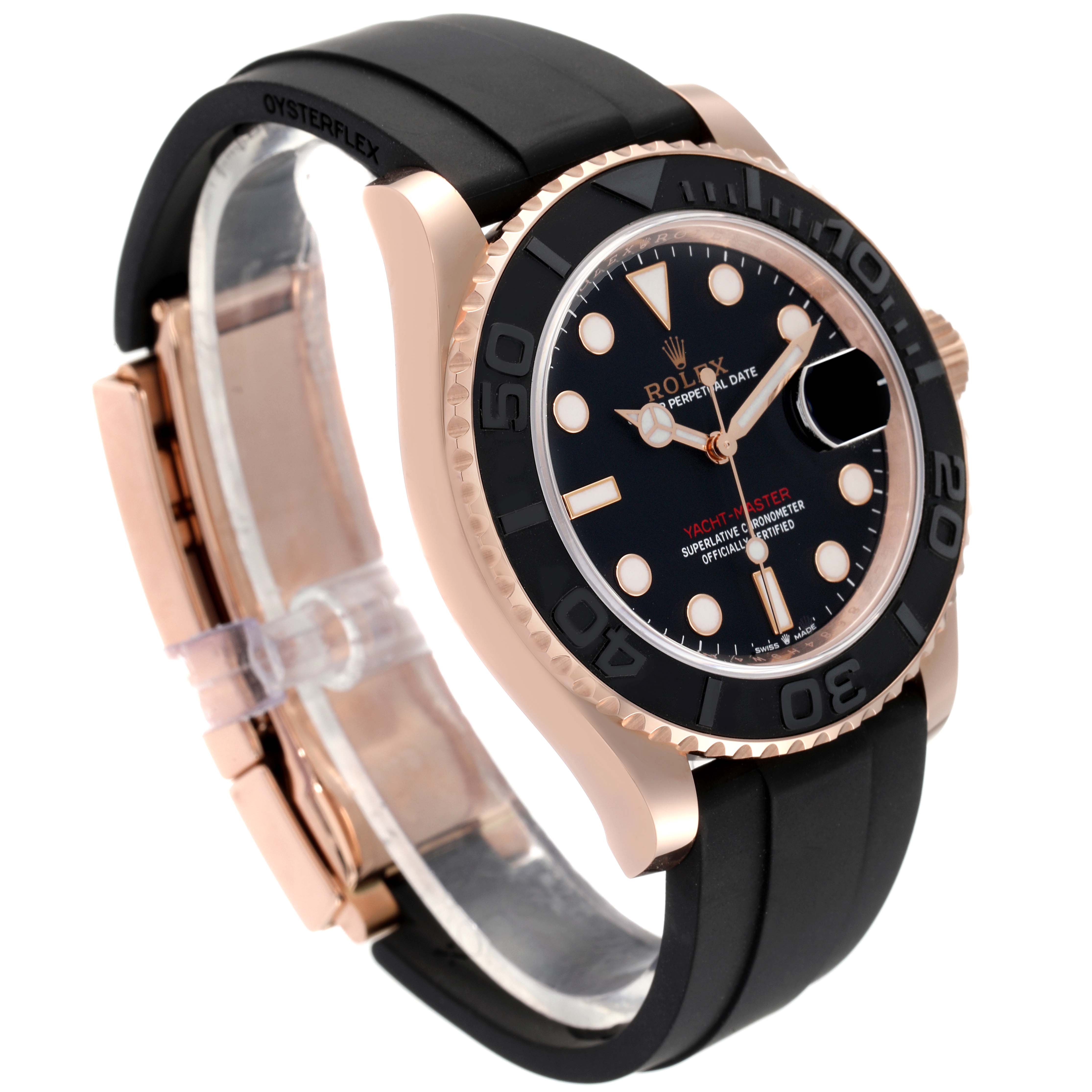 This image shows a close-up side angle of a Rolex Yacht-Master 126655 Men's Rose Gold Black Dial 126655 Men's Rose Gold Black Dial watch, highlighting its bezel, dial, and Oysterflex strap.