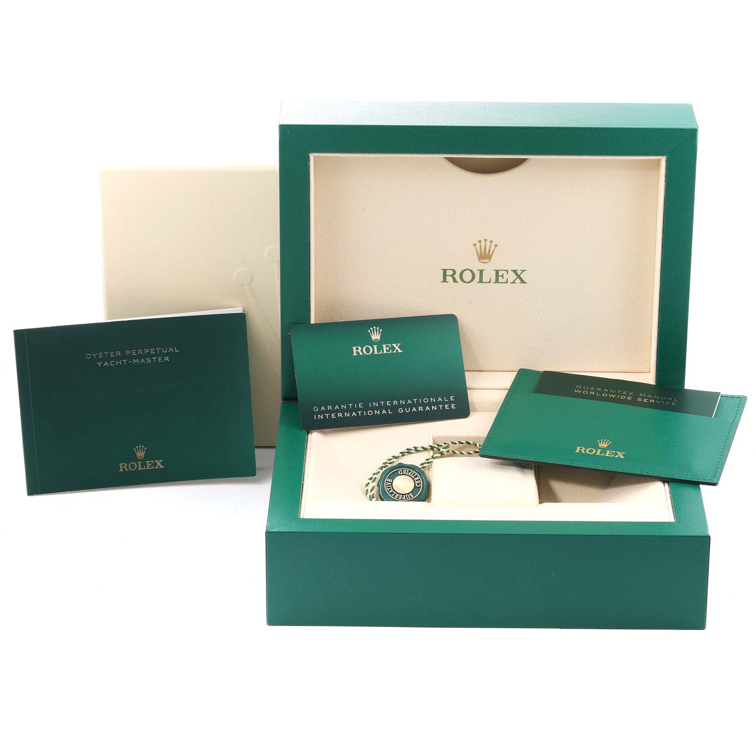 The image shows a Rolex Yacht-Master 126655 Men's Rose Gold Black Dial 126655 Men's Rose Gold Black Dial watch box, warranty card, manuals, and a tag, all in a front-facing angle.