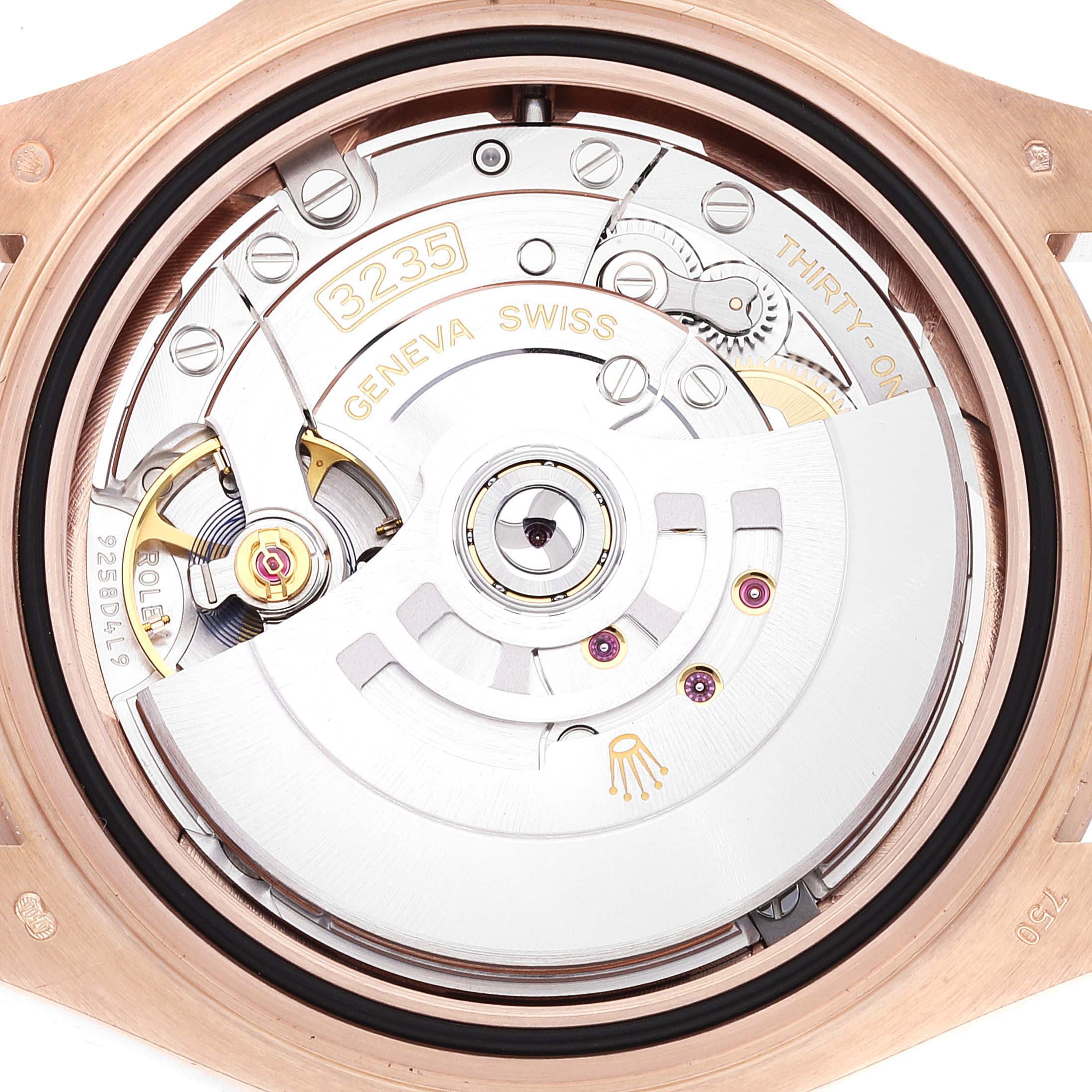 This image shows the movement of a Rolex Yacht-Master 126655 Men's Rose Gold Black Dial 126655 Men's Rose Gold Black Dial watch, specifically the 3235 caliber from a rear angle.