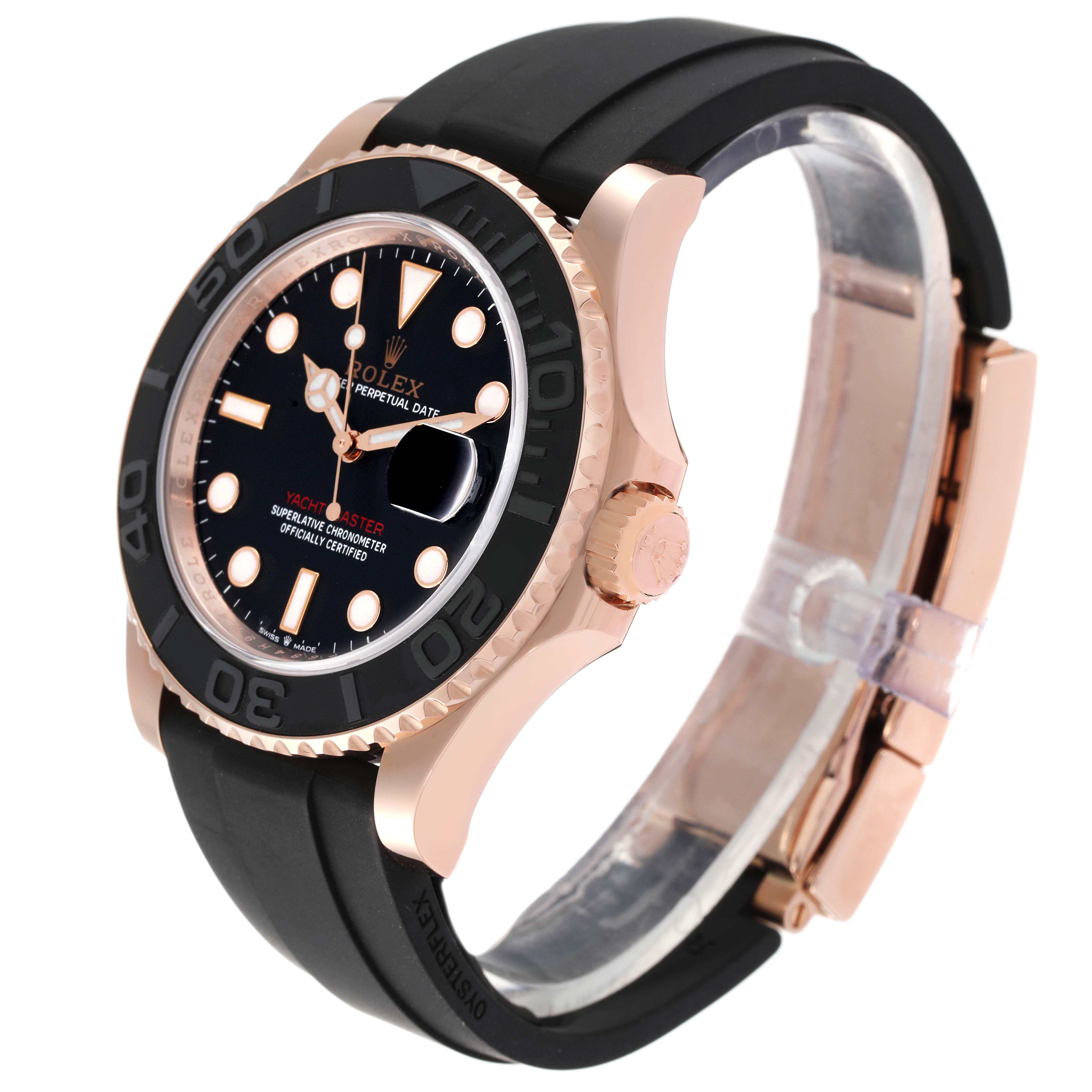 This image shows a side angle of the Rolex Yacht-Master 126655 Men's Rose Gold Black Dial 126655 Men's Rose Gold Black Dial watch, highlighting the case, bezel, dial, and strap.