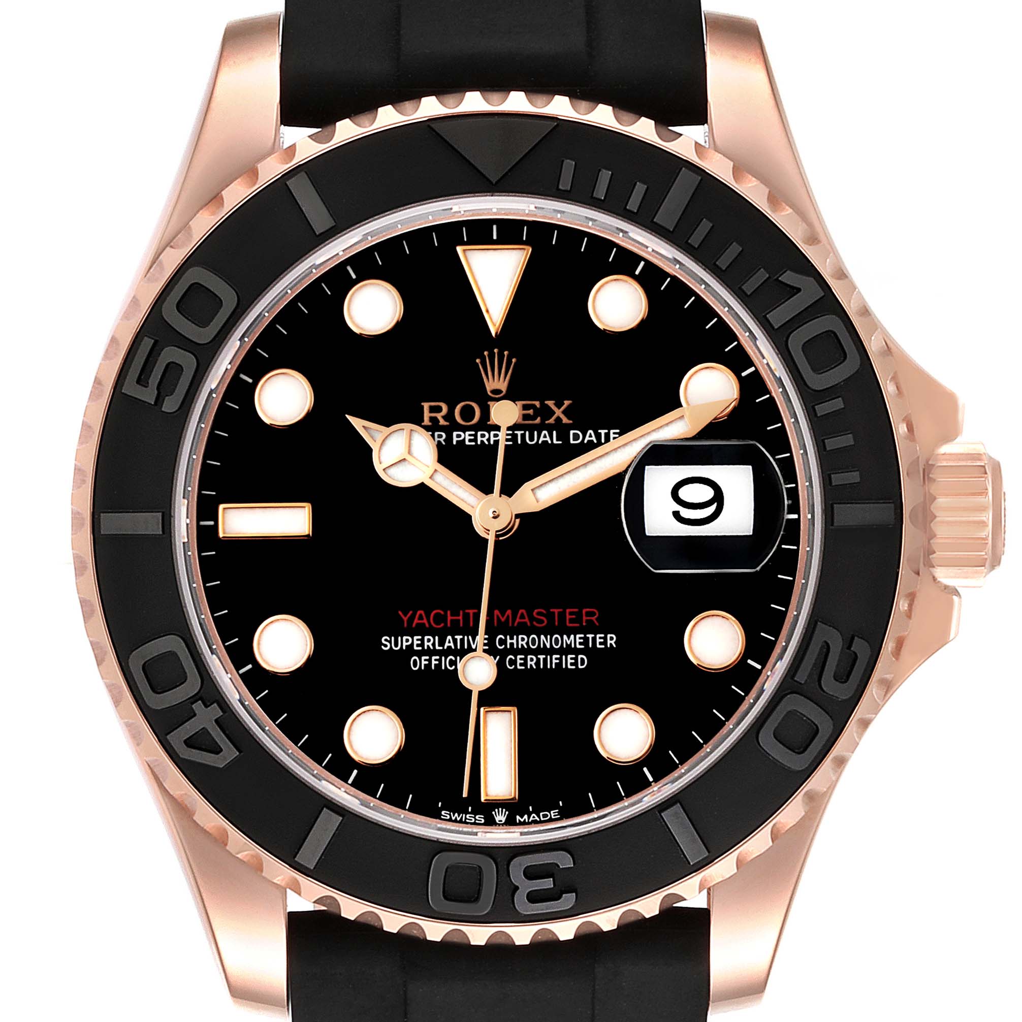 This image shows a front angle of the Rolex Yacht-Master 126655 Men's Rose Gold Black Dial 126655 Men's Rose Gold Black Dial watch, featuring its face, bezel, crown, and part of the strap.