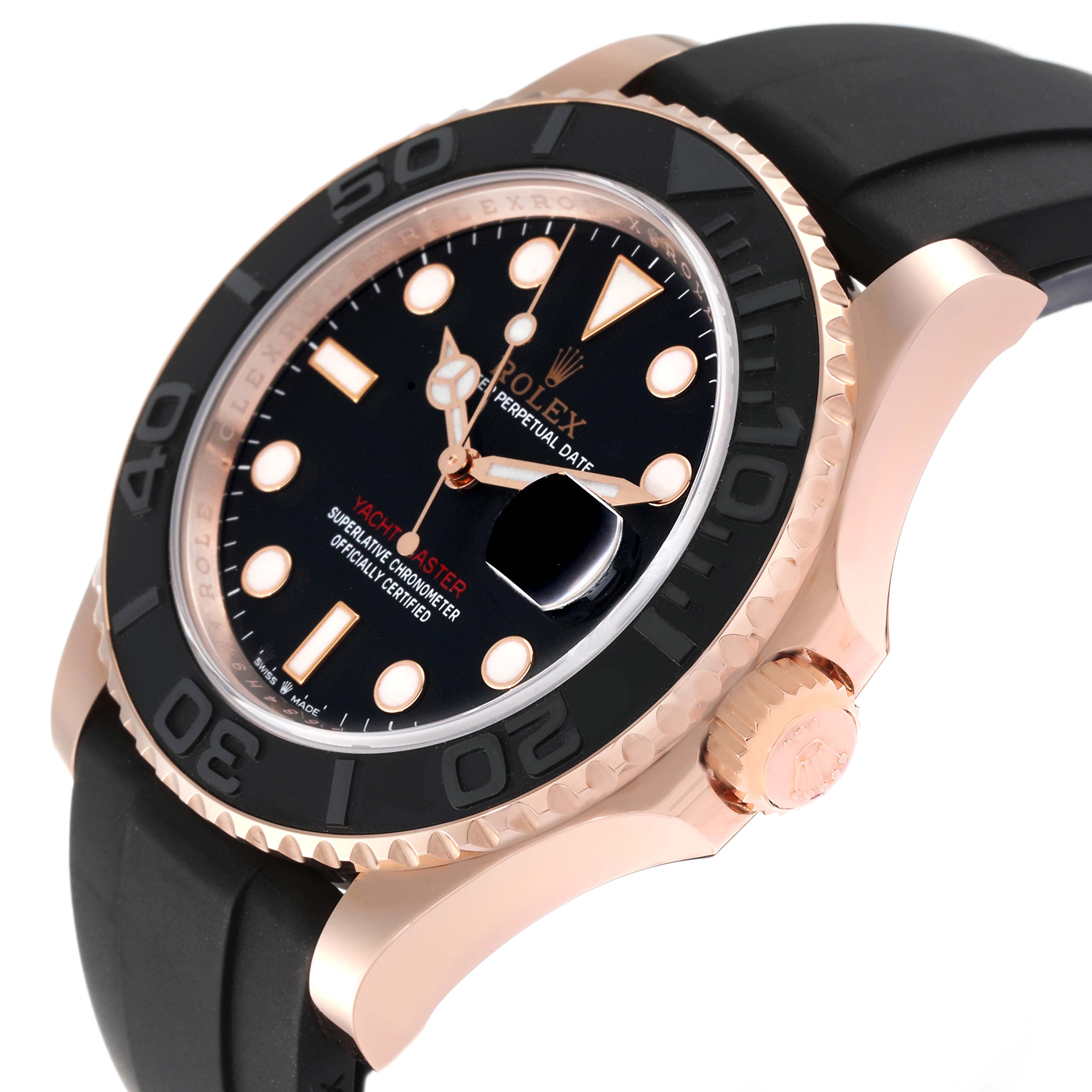 This image displays a side and partial front view of a Rolex Yacht-Master 126655 Men's Rose Gold Black Dial 126655 Men's Rose Gold Black Dial watch, highlighting the crown and bezel.