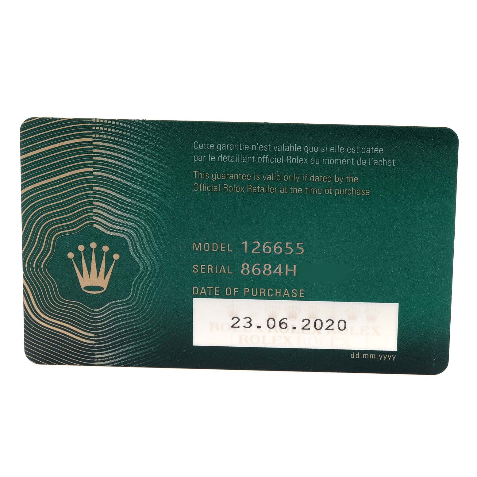 This image shows a guarantee card for the Rolex Yacht-Master 126655 Men's Rose Gold Black Dial 126655 Men's Rose Gold Black Dial model 126655 with a purchase date of 23.06.2020.