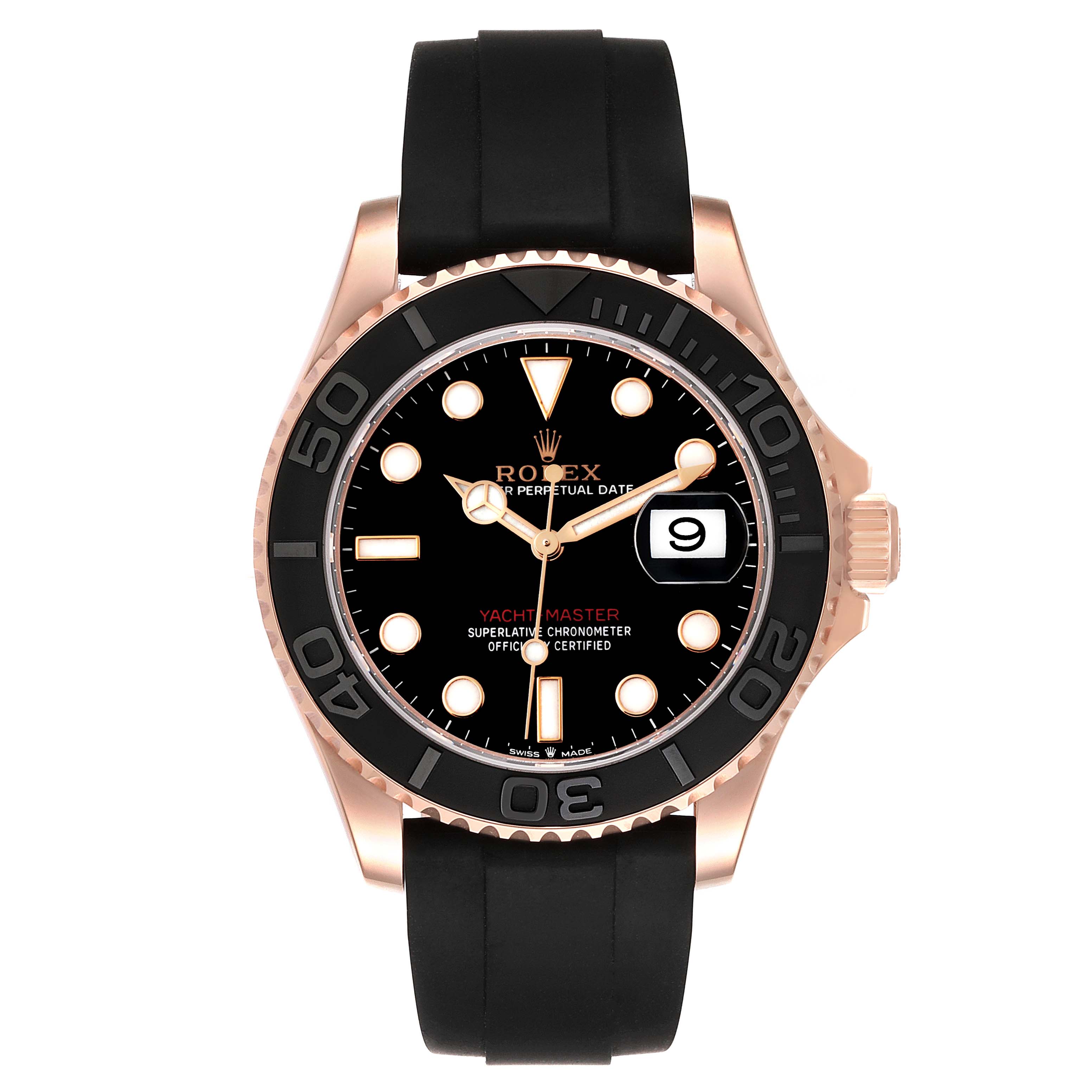 The Rolex Yacht-Master 126655 Men's Rose Gold Black Dial 126655 Men's Rose Gold Black Dial watch is shown from a front angle, highlighting its black dial, hands, date window, and black rubber strap.