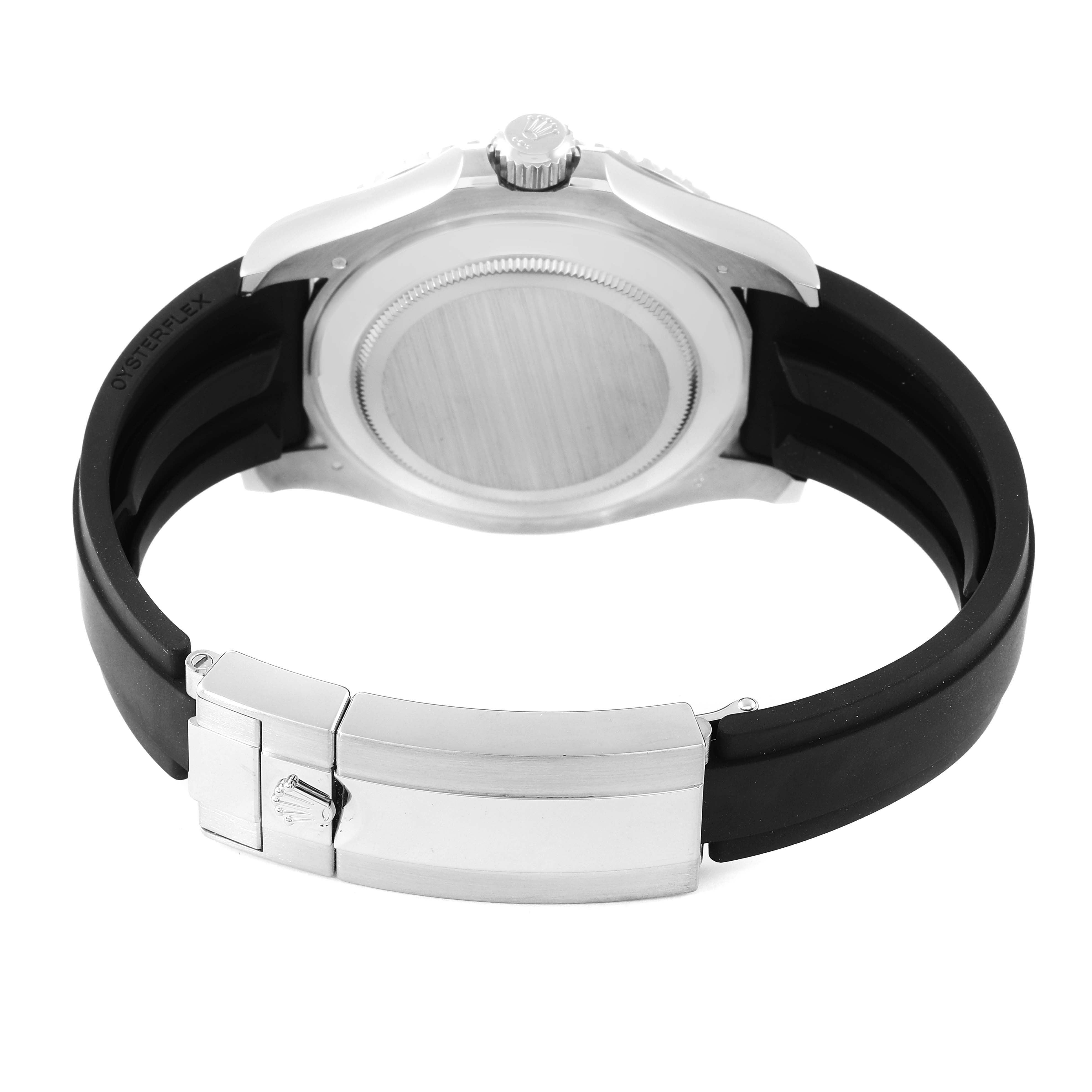 The image shows the back side and clasp of a Rolex Yacht-Master 226659 Men
s Stainless Steel Black Dial 226659 Men
s Stainless Steel Black Dial watch with a black rubber strap.