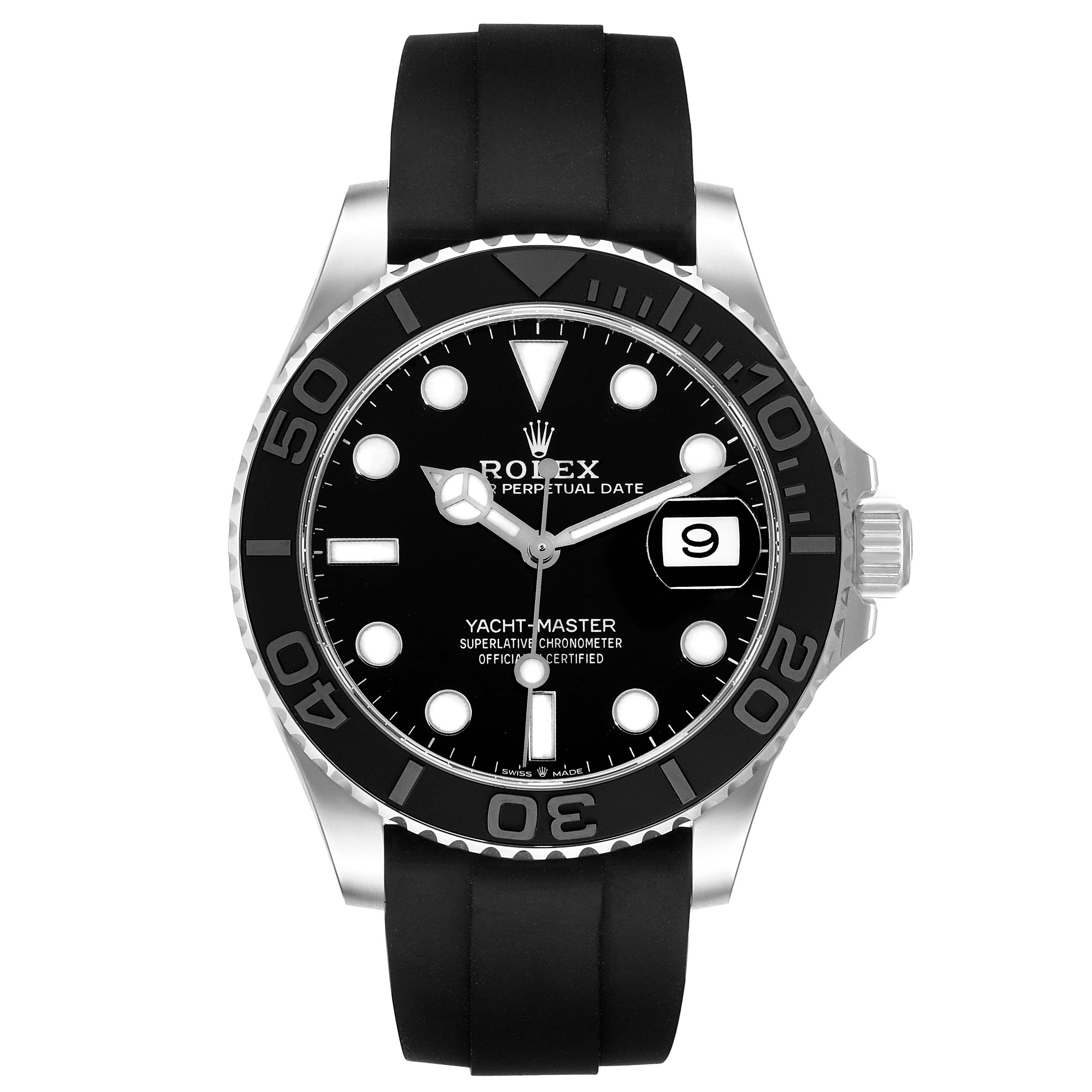 The Rolex Yacht-Master 226659 Men
s Stainless Steel Black Dial 226659 Men
s Stainless Steel Black Dial watch is shown from a front angle, displaying its face, bezel, hands, crown, and strap.