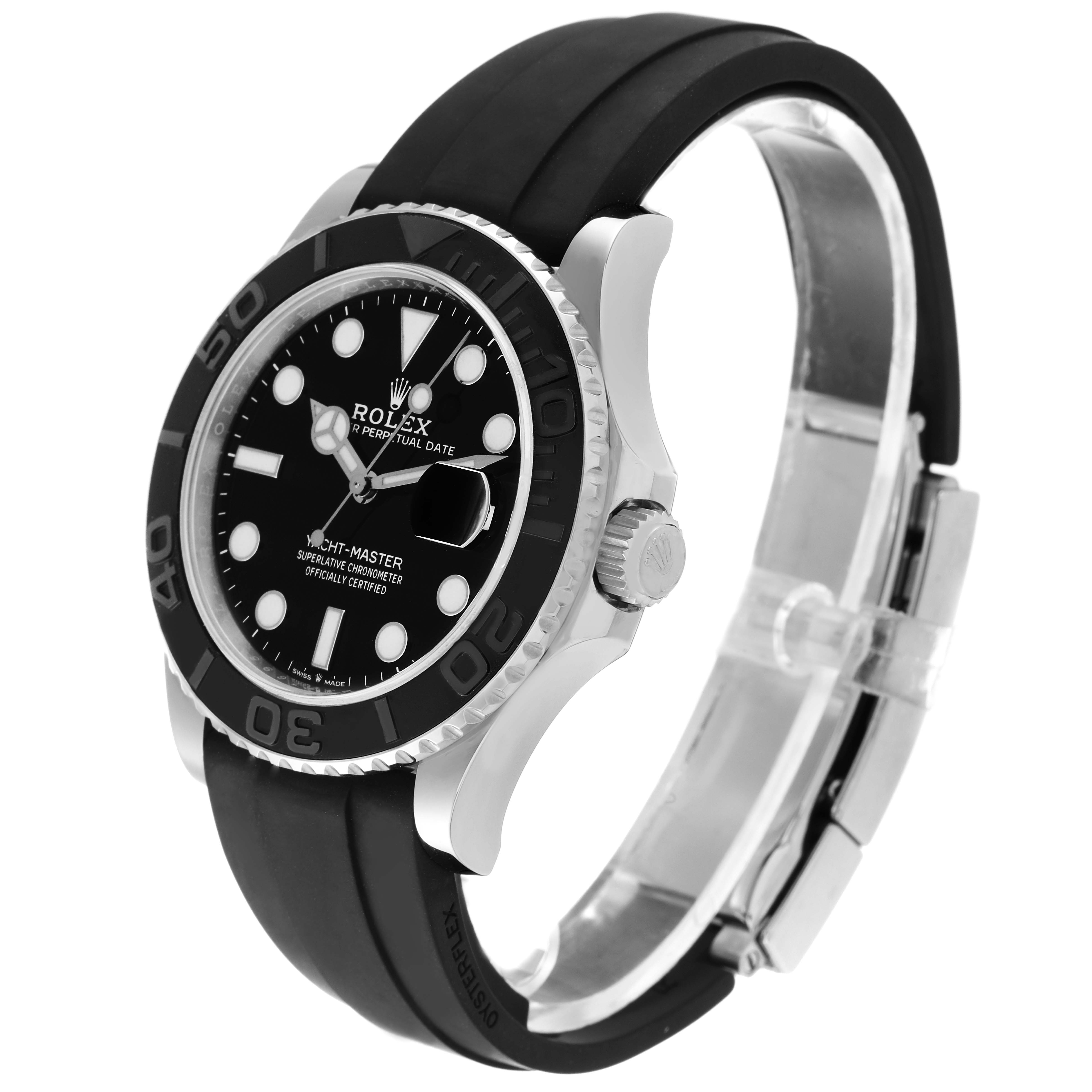 The image shows a side angle view of a Rolex Yacht-Master 226659 Men
s Stainless Steel Black Dial 226659 Men
s Stainless Steel Black Dial watch, highlighting its face, bezel, crown, and rubber strap.