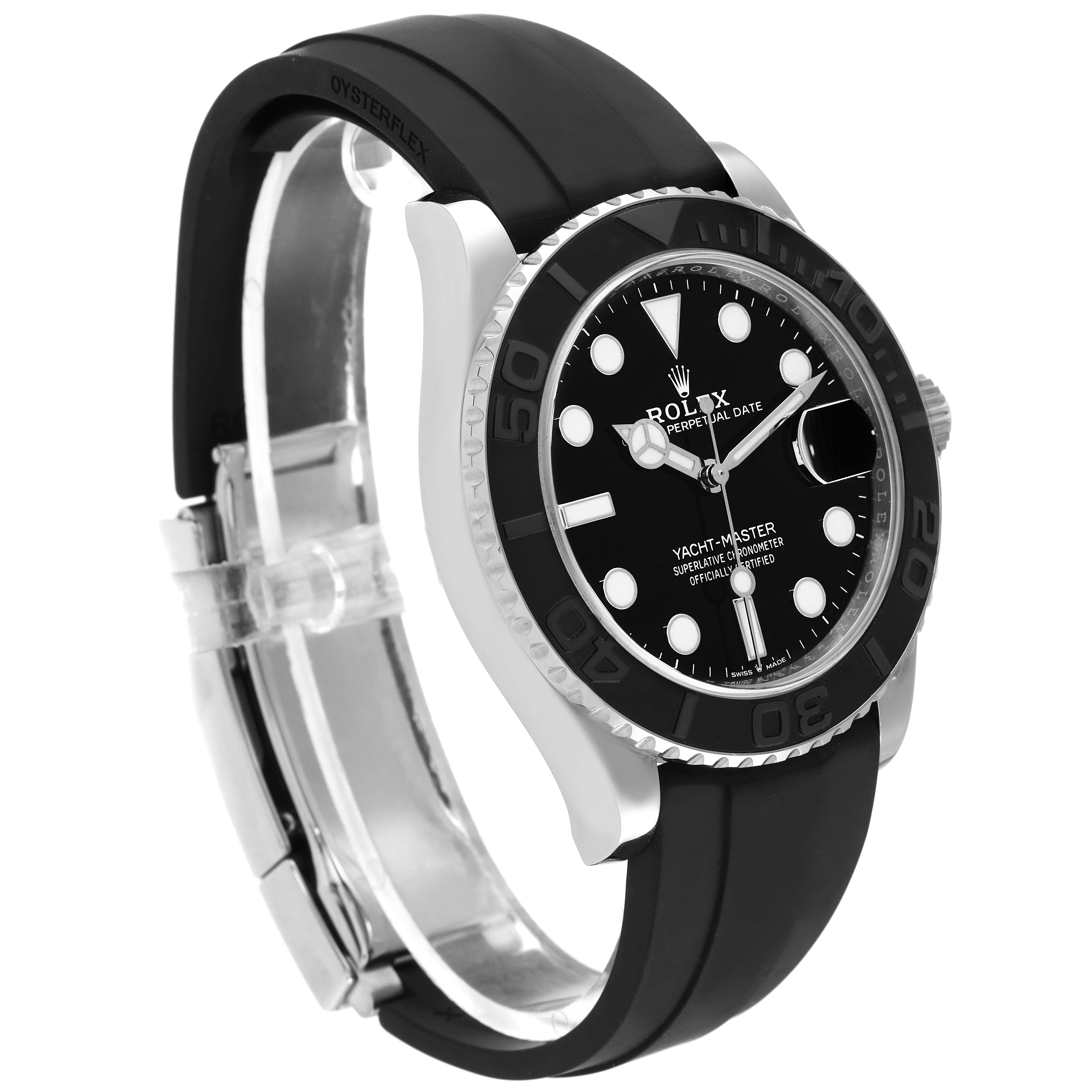 The Rolex Yacht-Master 226659 Men
s Stainless Steel Black Dial 226659 Men
s Stainless Steel Black Dial watch is shown at a slight angle, highlighting the black dial and bezel, and the black rubber strap with clasp.