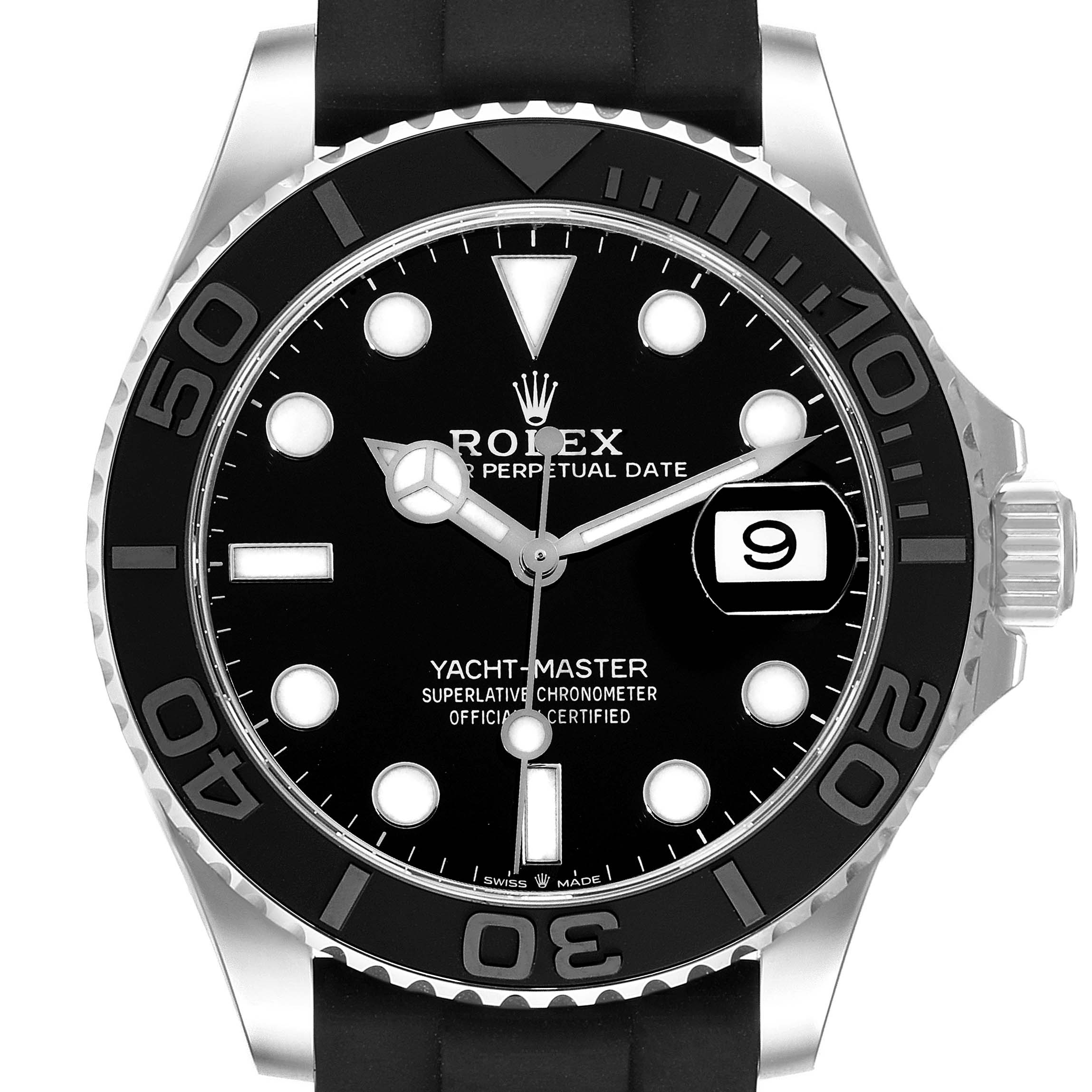 This image shows a frontal view of the Rolex Yacht-Master 226659 Men
s Stainless Steel Black Dial 226659 Men
s Stainless Steel Black Dial watch, highlighting its black dial, bezel, and date display.