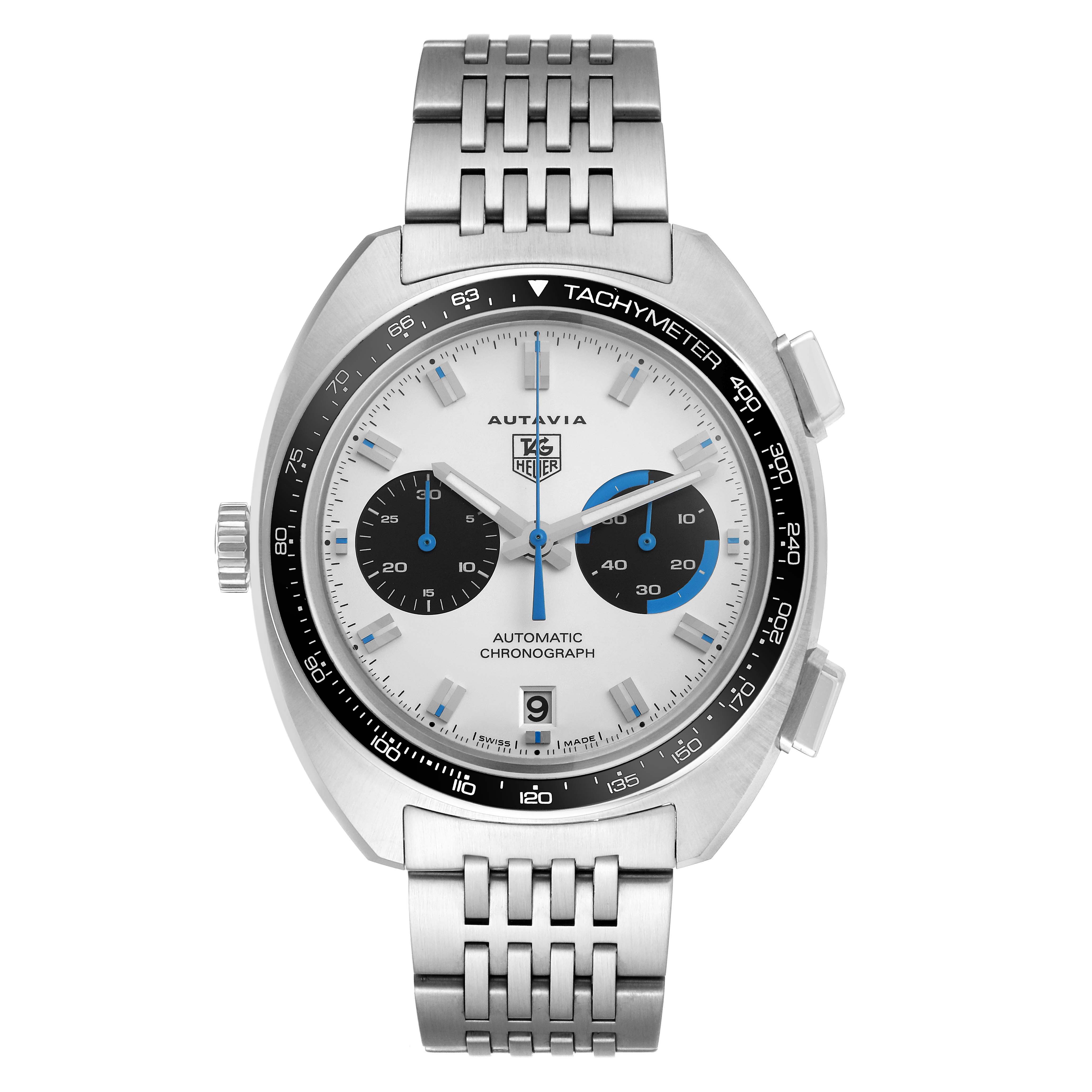 The image shows a front view of the Tag Heuer Autavia CY2110 Men
s Stainless Steel White Dial watch, highlighting the dial, bezel, and bracelet.