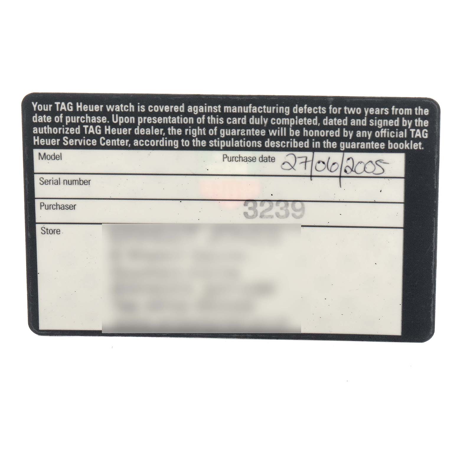 The image shows a warranty card for the Autavia model by Tag Heuer, displaying details like purchase date and serial number.