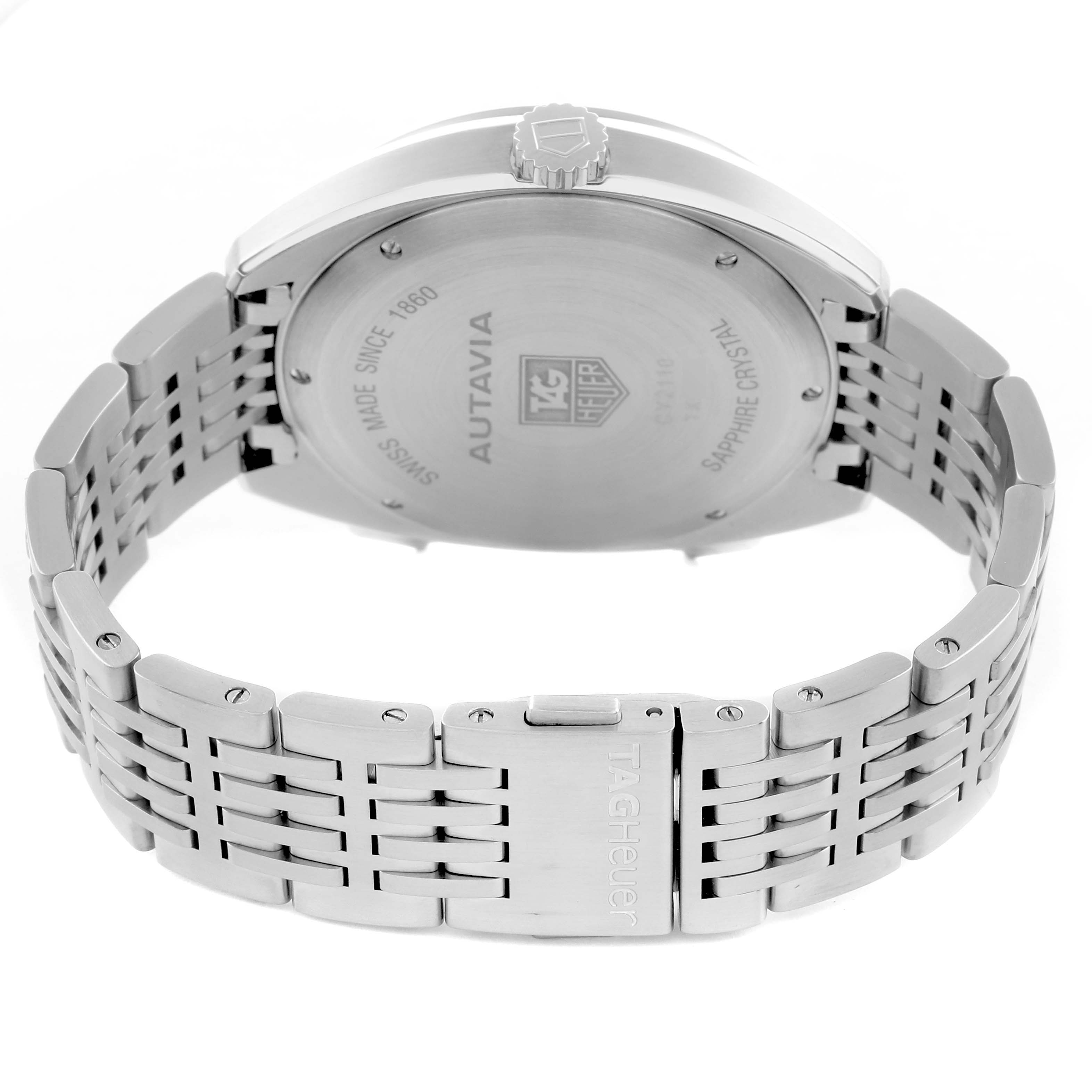 The image shows the back and side profile of the Tag Heuer Autavia CY2110 Men
s Stainless Steel White Dial watch, highlighting its case, crown, and bracelet clasp.