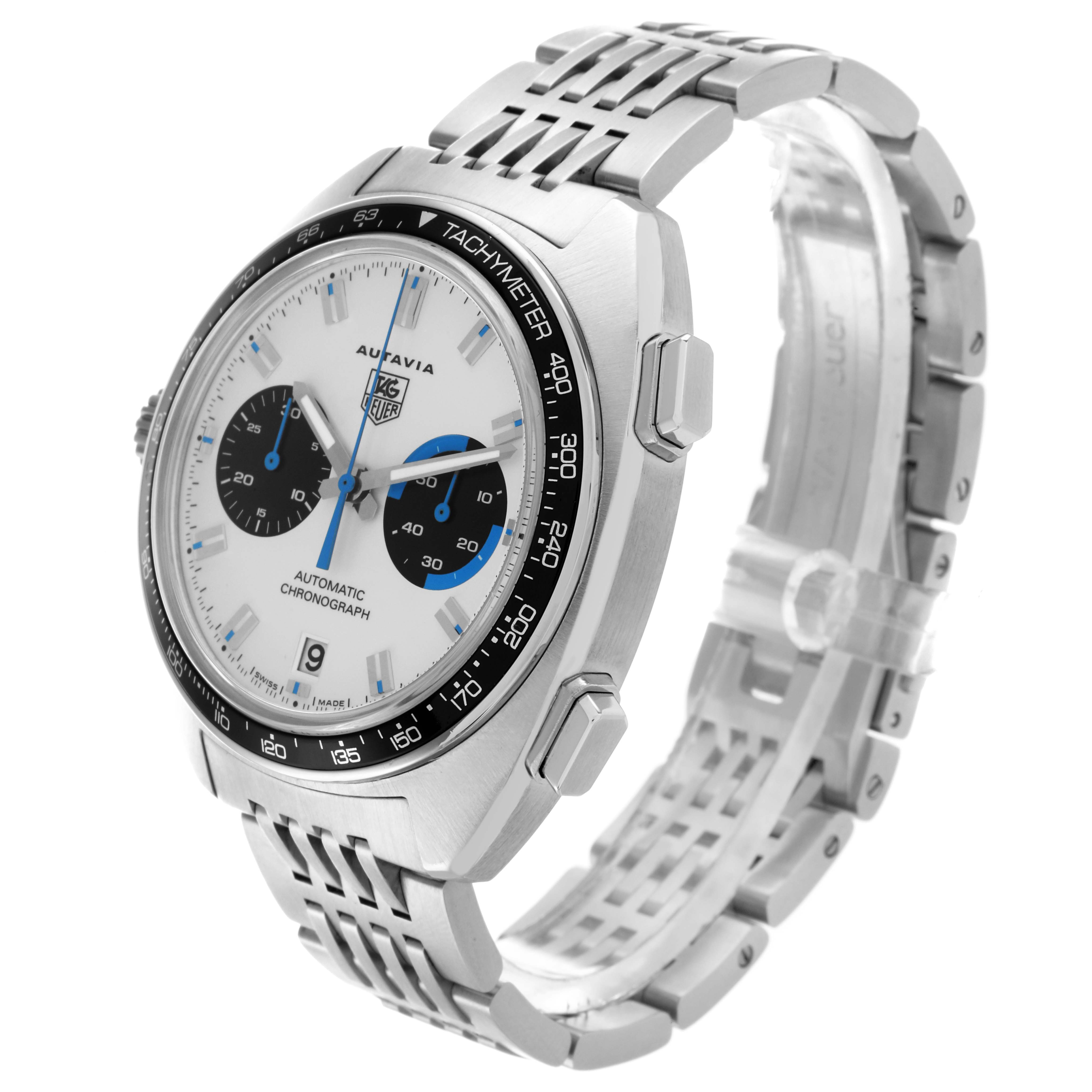 The Tag Heuer Autavia CY2110 Men
s Stainless Steel White Dial watch is shown at a three-quarter angle, highlighting the face, bezel, and bracelet.