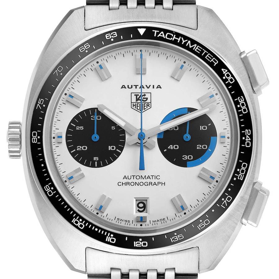 The image shows the Tag Heuer Autavia CY2110 Men's Stainless Steel White Dial watch from a front angle, highlighting the dial, tachymeter bezel, and chronograph sub-dials.