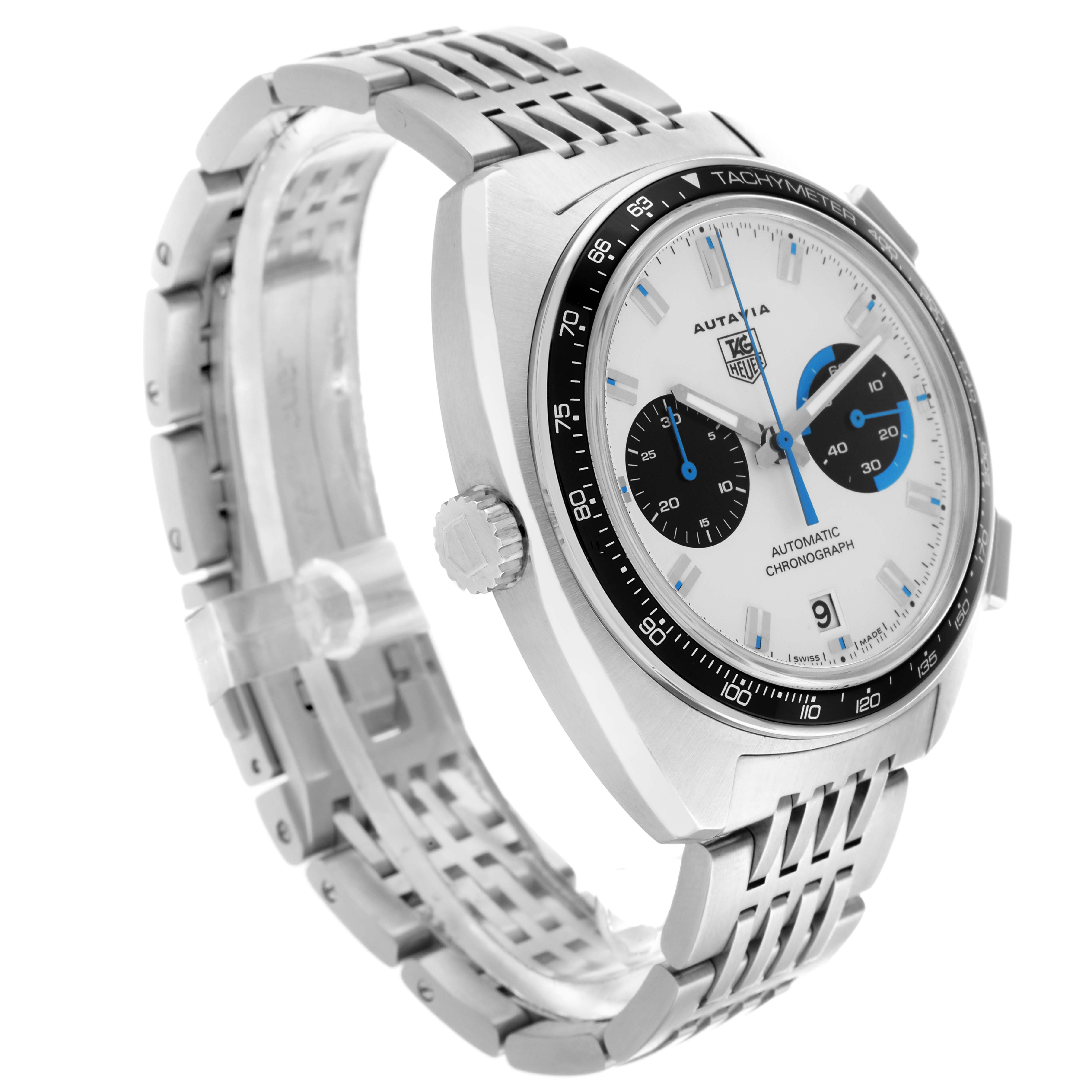 The Tag Heuer Autavia CY2110 Men
s Stainless Steel White Dial watch is shown at an angle highlighting the dial, bezel, and bracelet.