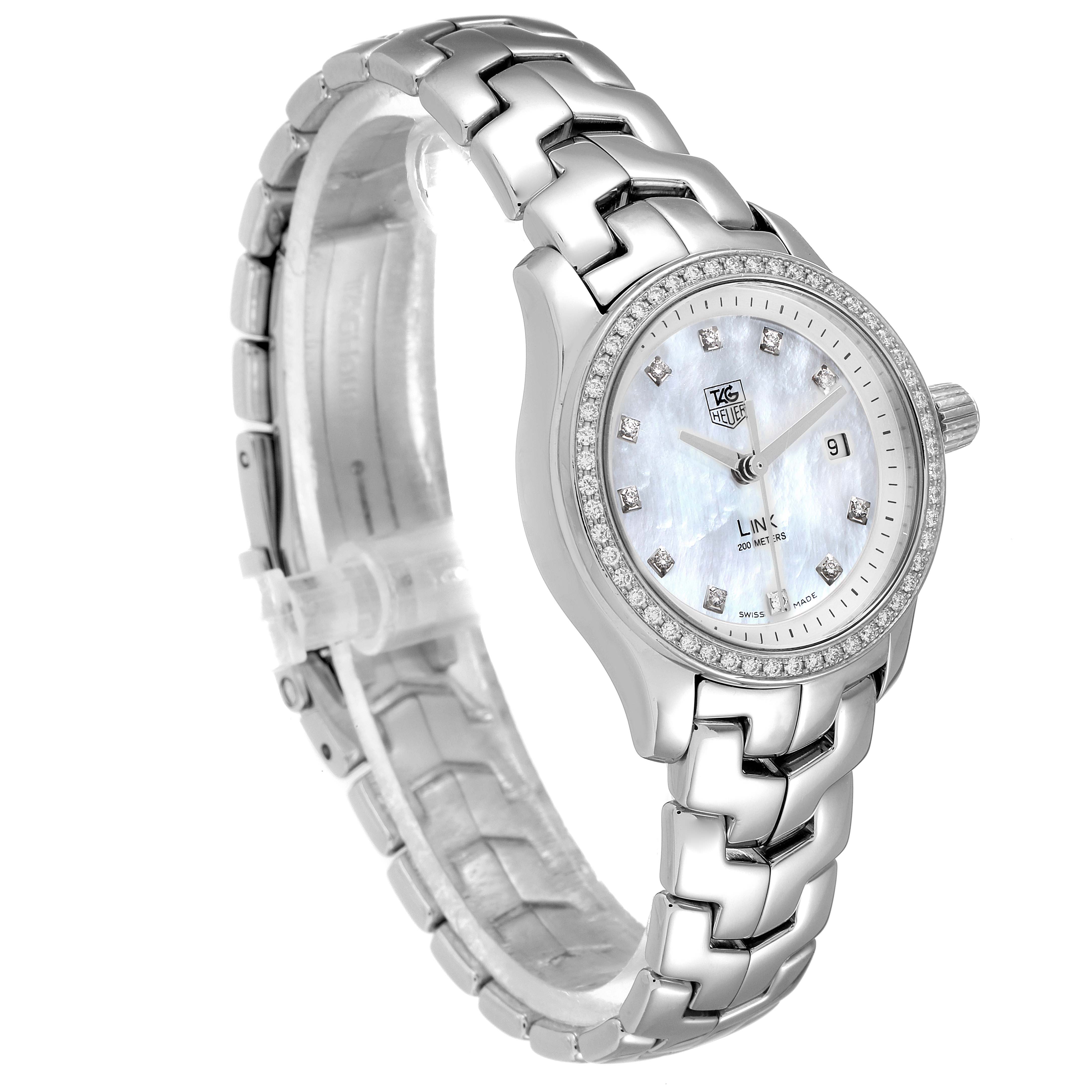 The image shows the Tag Heuer Link WJF1319 Women's Stainless Steel Mother of Pearl Dial WJF1319 Women's Stainless Steel Mother of Pearl Dial model watch at a slight angle, highlighting its bracelet, bezel, and dial features.