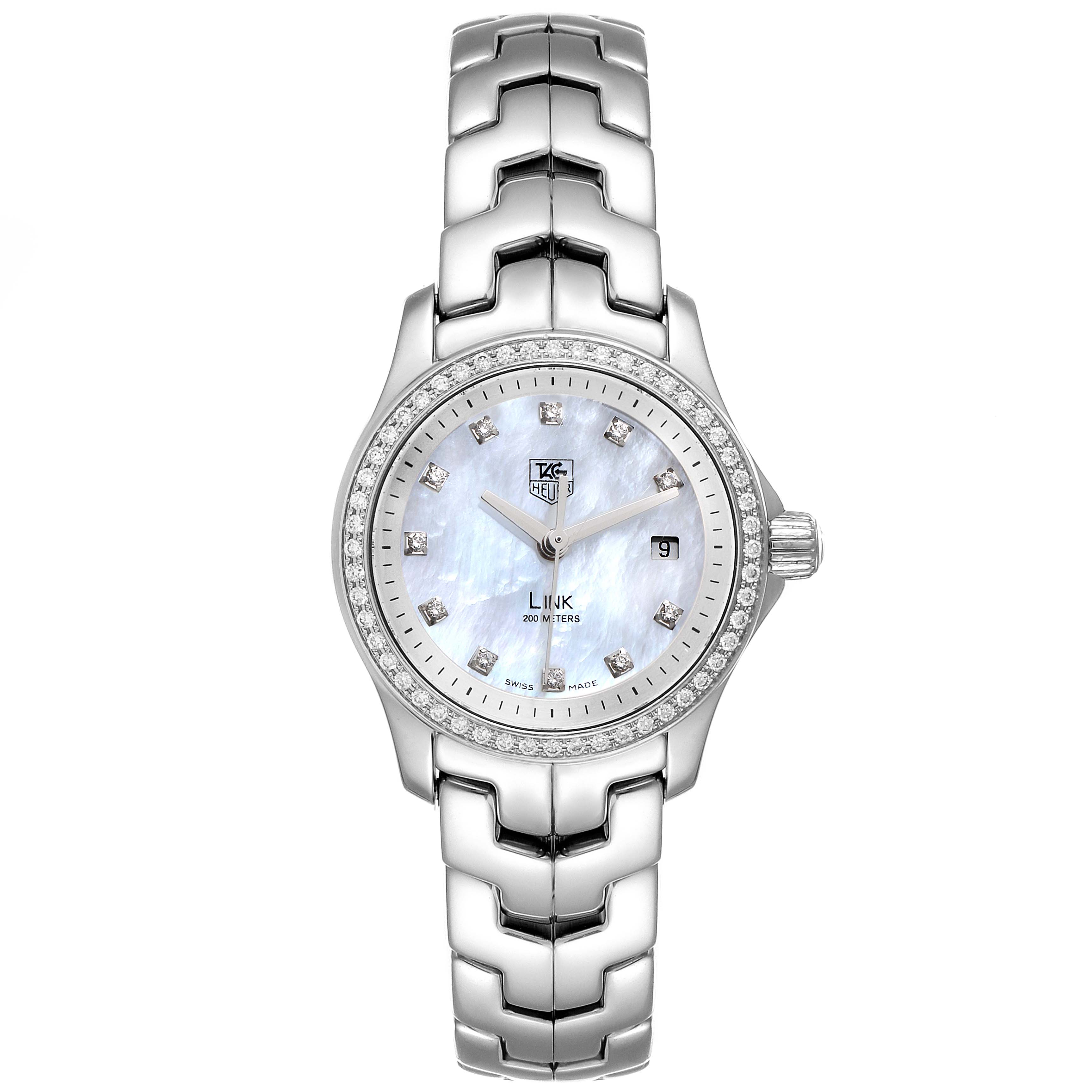 This Tag Heuer Link WJF1319 Women's Stainless Steel Mother of Pearl Dial WJF1319 Women's Stainless Steel Mother of Pearl Dial model watch is shown from a top-down angle, displaying its bracelet, bezel, dial, hands, and date window.