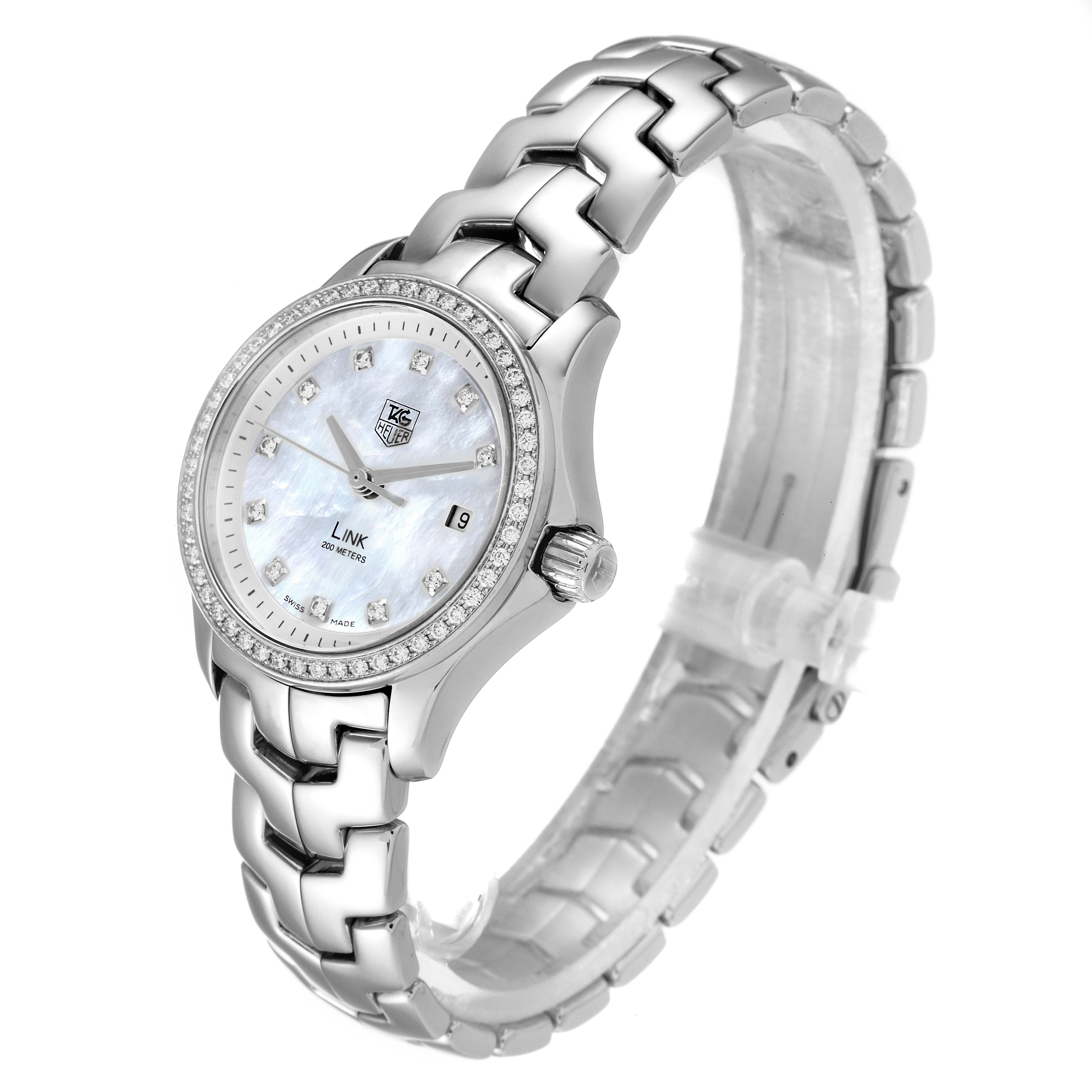 The Tag Heuer Link WJF1319 Women's Stainless Steel Mother of Pearl Dial WJF1319 Women's Stainless Steel Mother of Pearl Dial model watch is shown at a slight angle, displaying its face, bezel, crown, and bracelet.