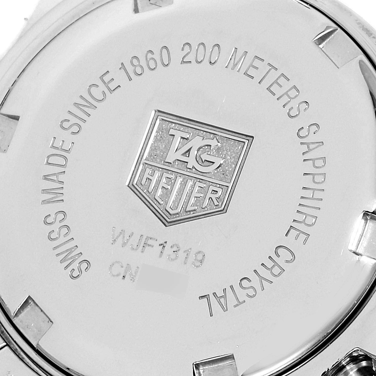 The image shows the back case of the Tag Heuer Link WJF1319 Women's Stainless Steel Mother of Pearl Dial WJF1319 Women's Stainless Steel Mother of Pearl Dial model watch, featuring the brand logo and product specifications.