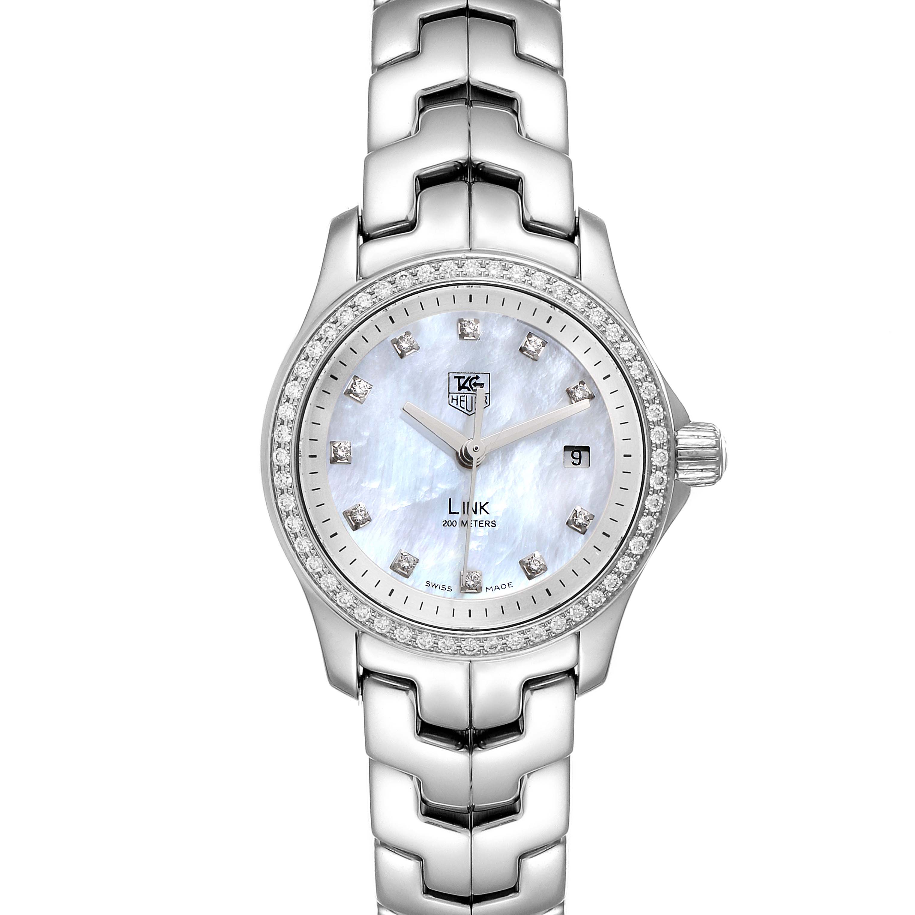The image shows a frontal view of the Tag Heuer Link WJF1319 Women's Stainless Steel Mother of Pearl Dial WJF1319 Women's Stainless Steel Mother of Pearl Dial model watch, highlighting its face, bezel, and bracelet.