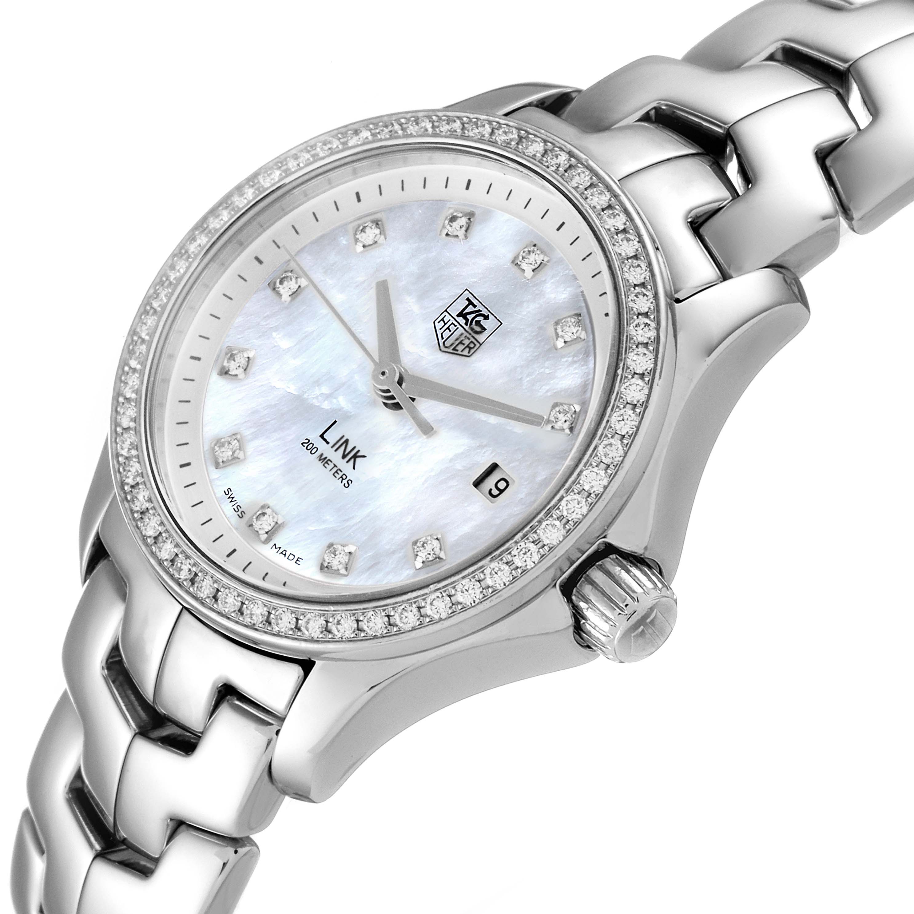 The image shows a close-up angle of the Tag Heuer Link WJF1319 Women's Stainless Steel Mother of Pearl Dial WJF1319 Women's Stainless Steel Mother of Pearl Dial model watch, highlighting the face, bezel, crown, and part of the bracelet.