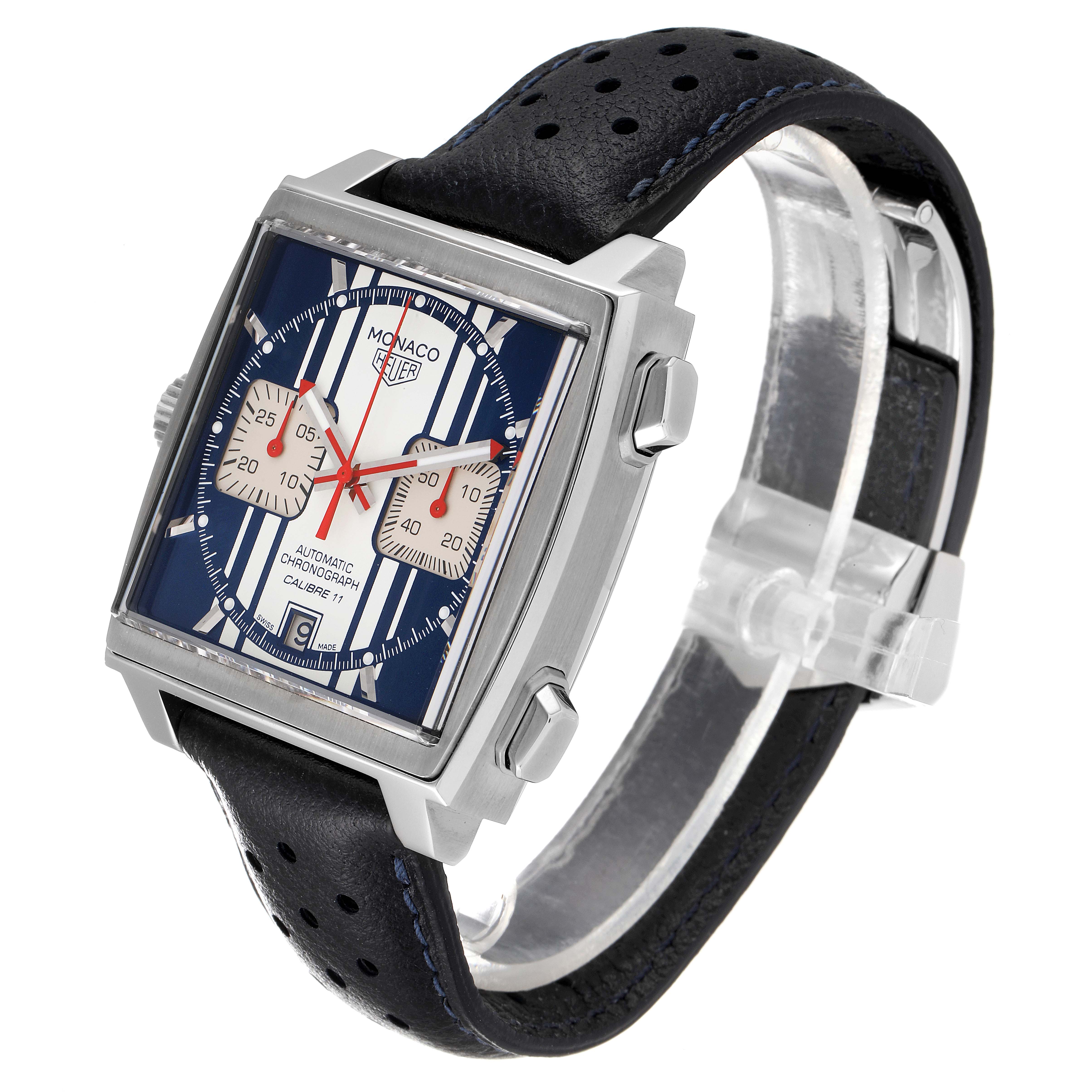 The image shows a side angle of the Tag Heuer Monaco Limited Edition watch, highlighting its face, buttons, and leather strap.
