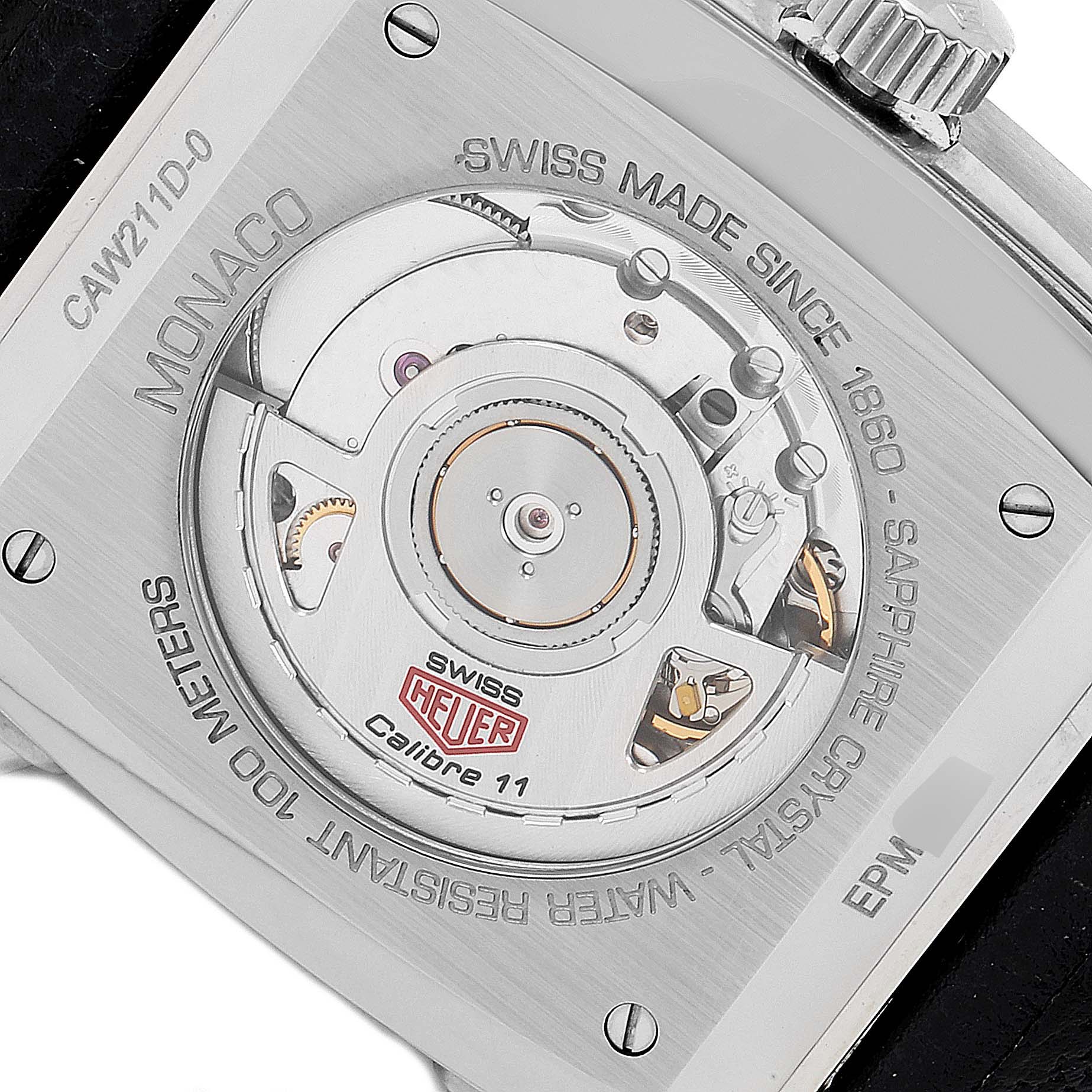This image shows the back of a Tag Heuer Monaco Limited Edition watch, highlighting the movement and specifications.
