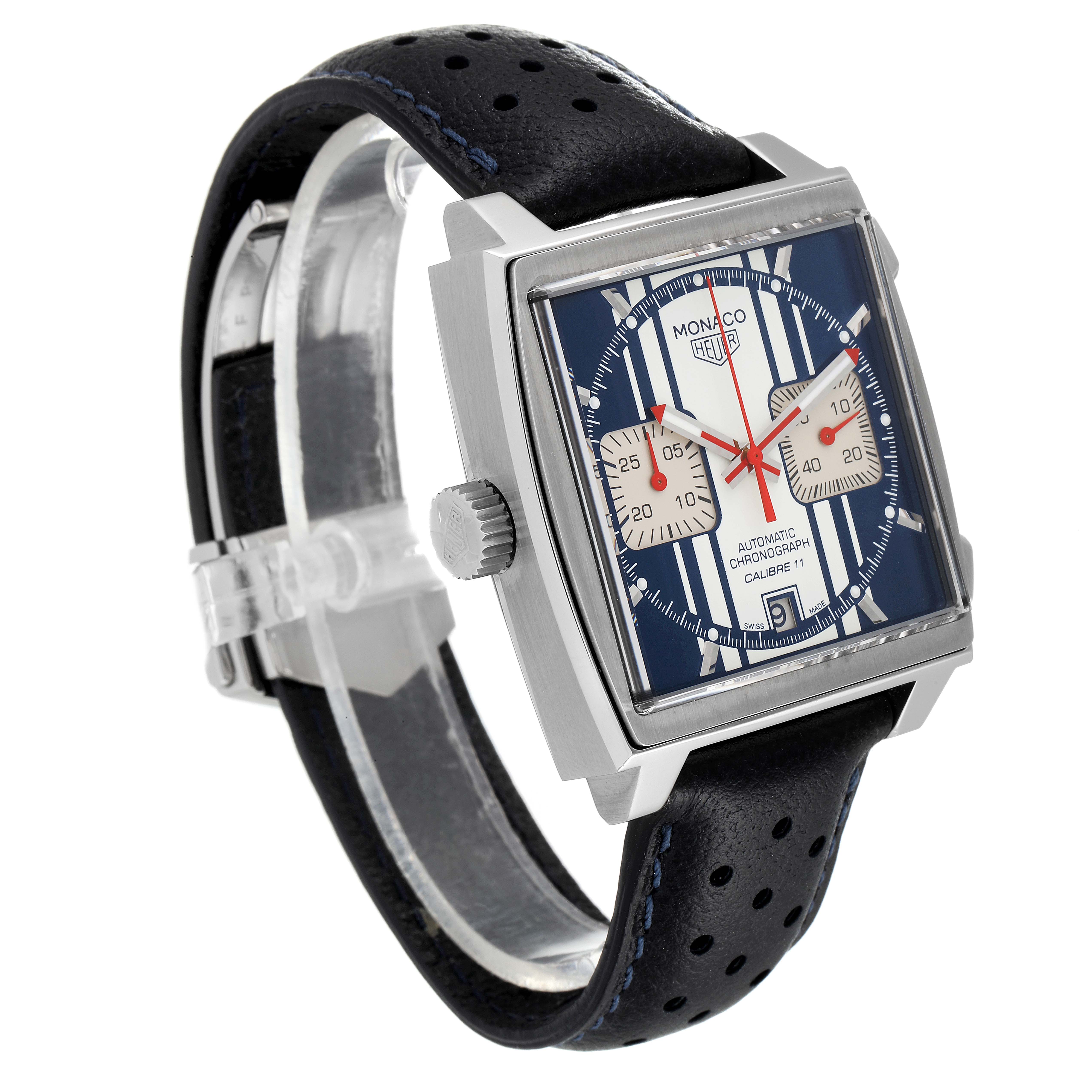 The image shows a side angle of the Tag Heuer Monaco Limited Edition watch, highlighting the dial, crown, and strap.
