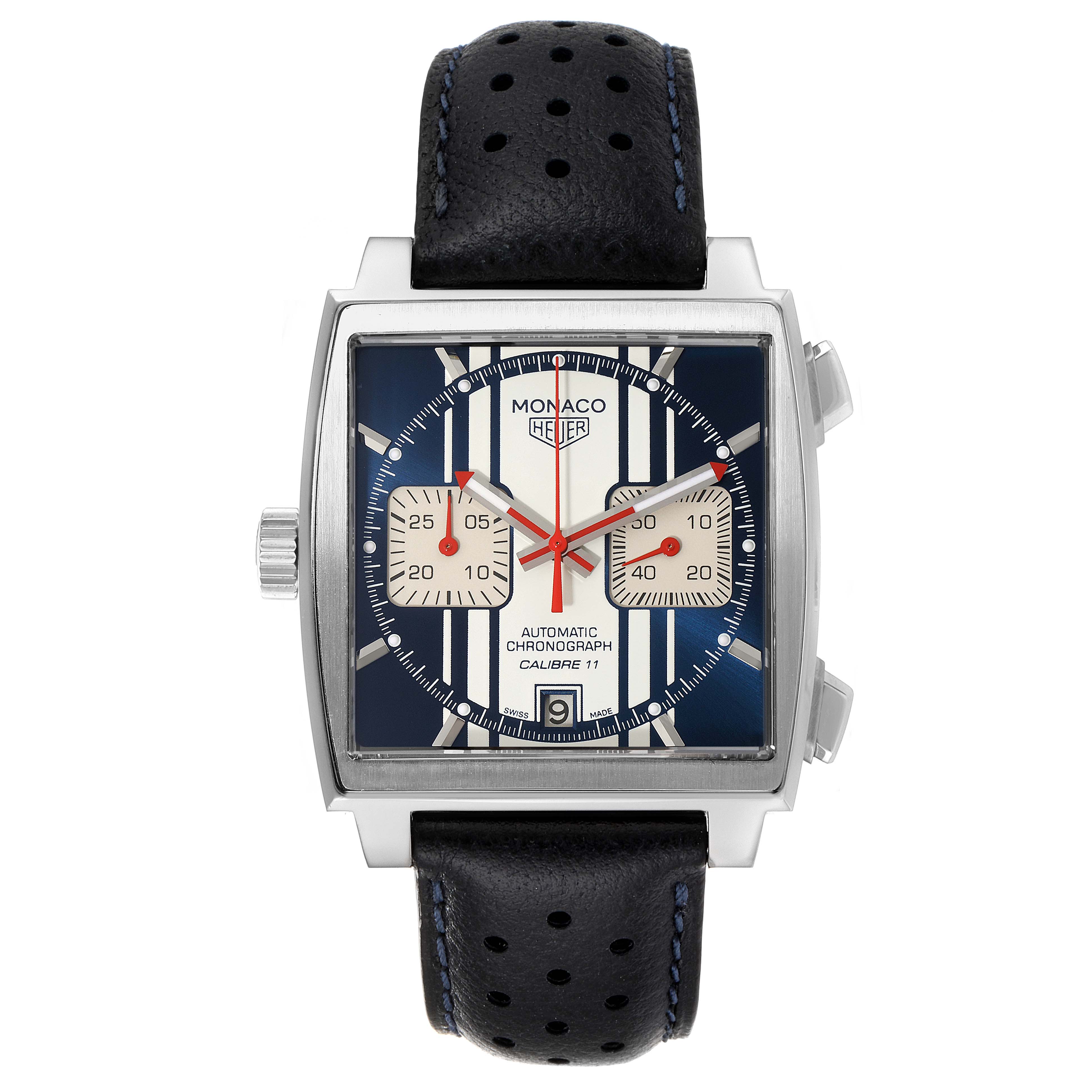 This image shows a front view of a Tag Heuer Monaco Limited Edition watch with a black leather strap and blue-striped dial.