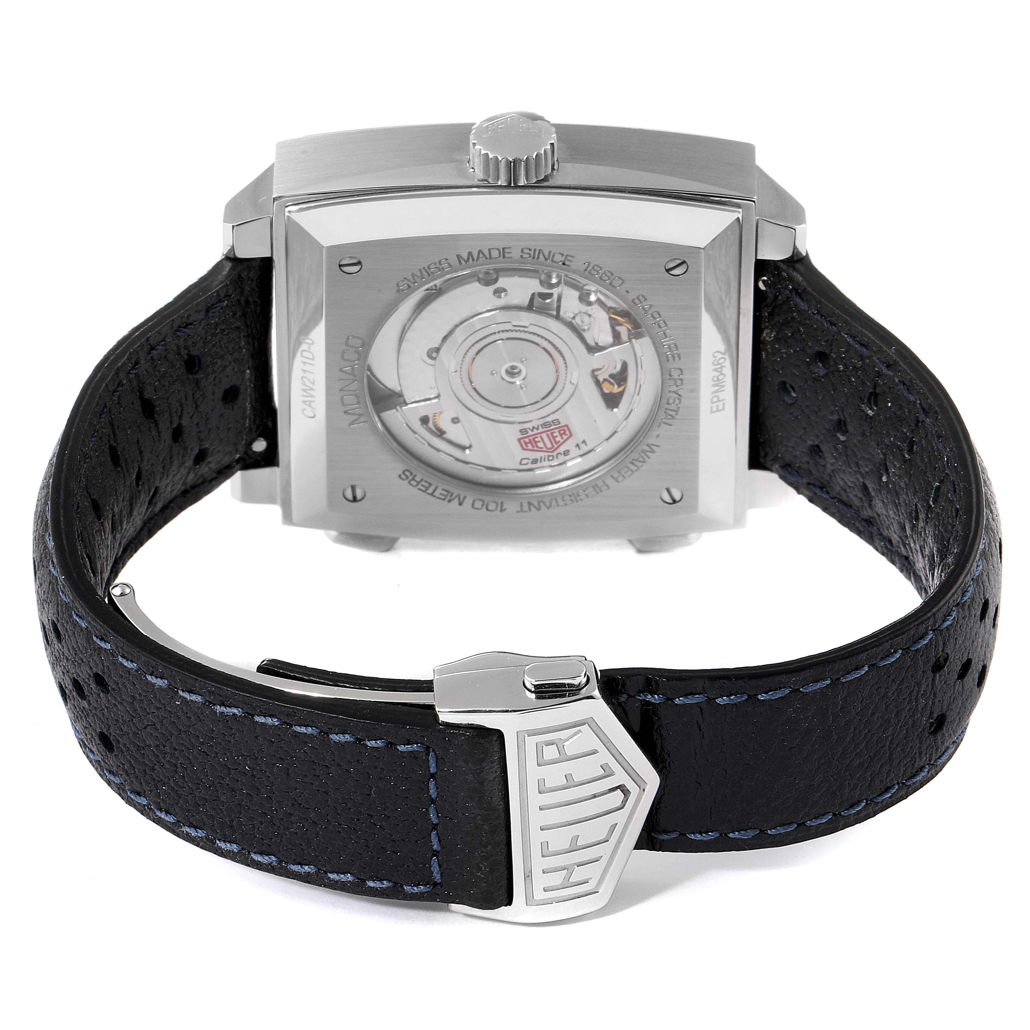 The image shows the back view of the Tag Heuer Monaco Limited Edition watch, highlighting the case back and strap.