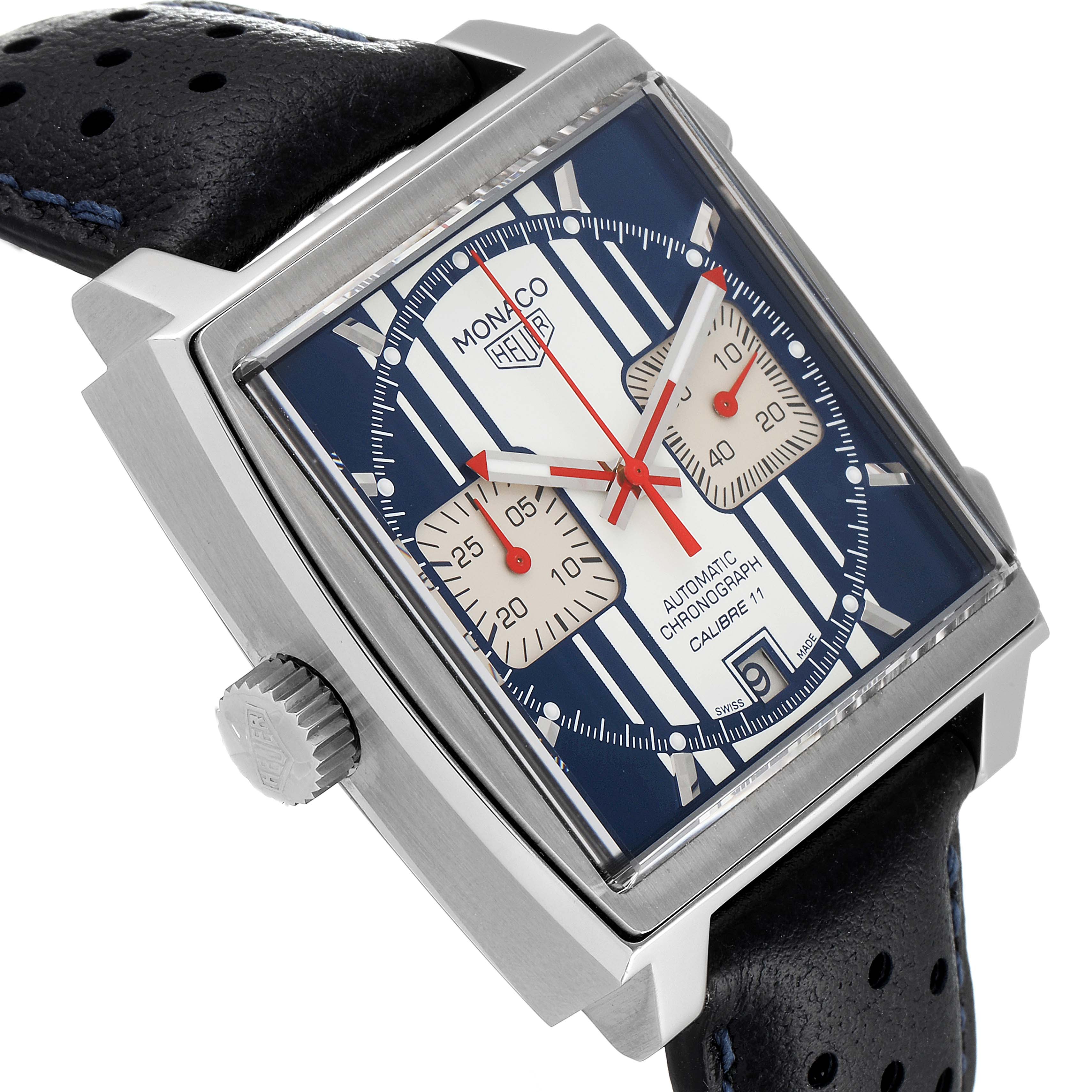 The image shows the face and side of the Tag Heuer Monaco Limited Edition watch, highlighting the dial, crown, and leather strap.