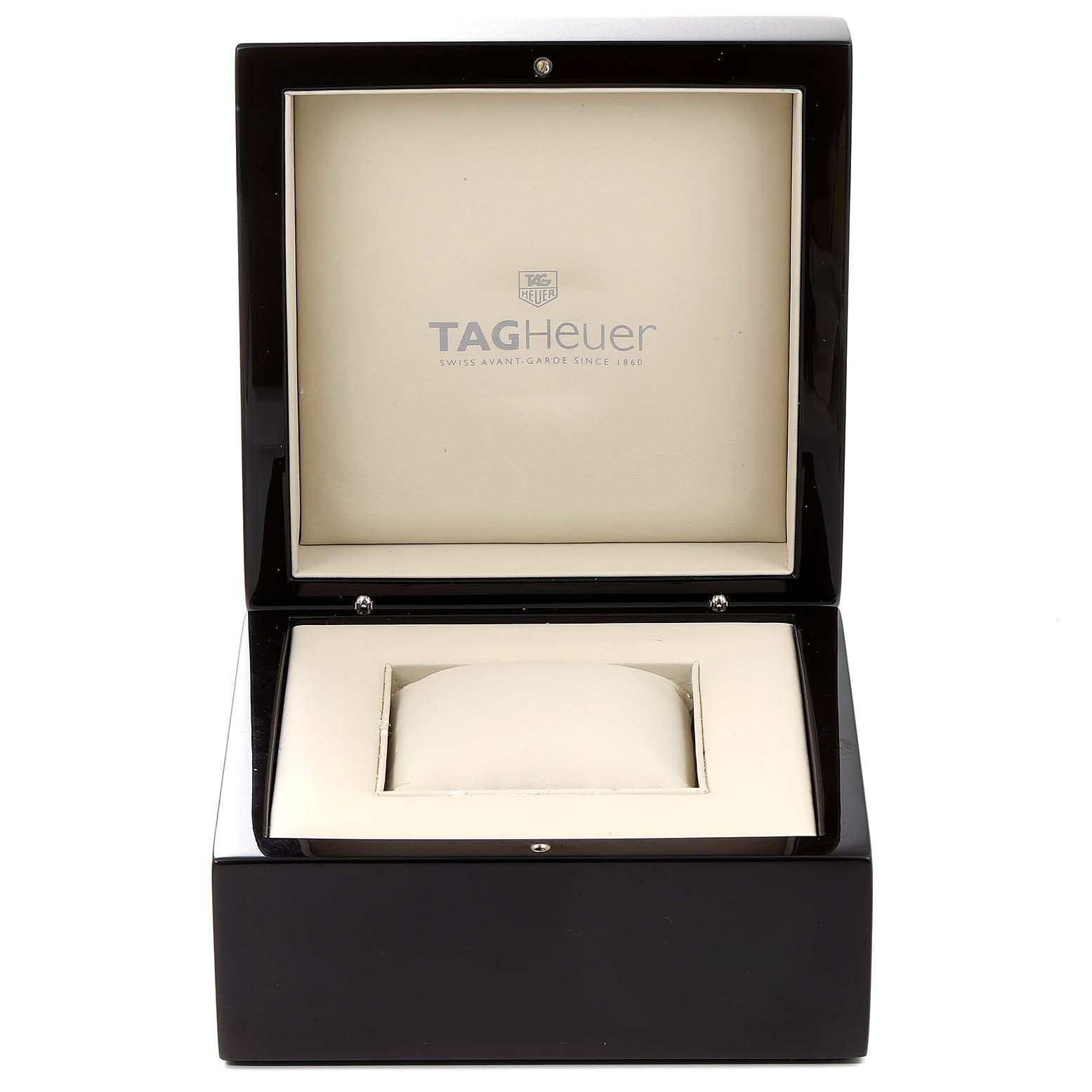 The image shows an open black watch box for the Tag Heuer Limited Edition CAW211D Men's Stainless Steel Blue Dial CAW211D Men's Stainless Steel Blue Dial model, displaying its pillow holder and interior branding.