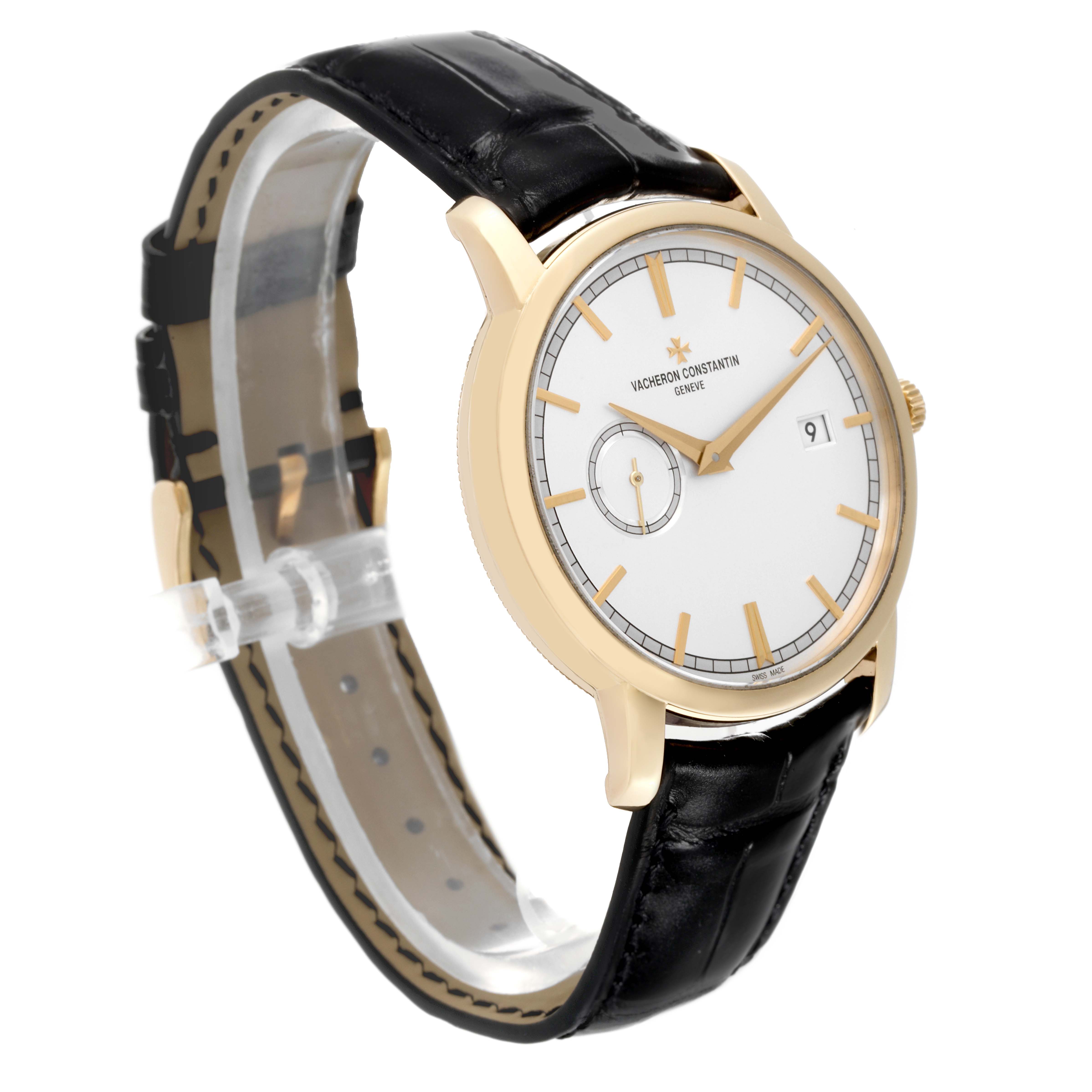 The Vacheron Constantin Traditionnelle 87172/000J Men's Yellow Gold Silver Dial 87172/000J Men's Yellow Gold Silver Dial watch is shown at a three-quarter angle, displaying the dial, case, and black leather strap.