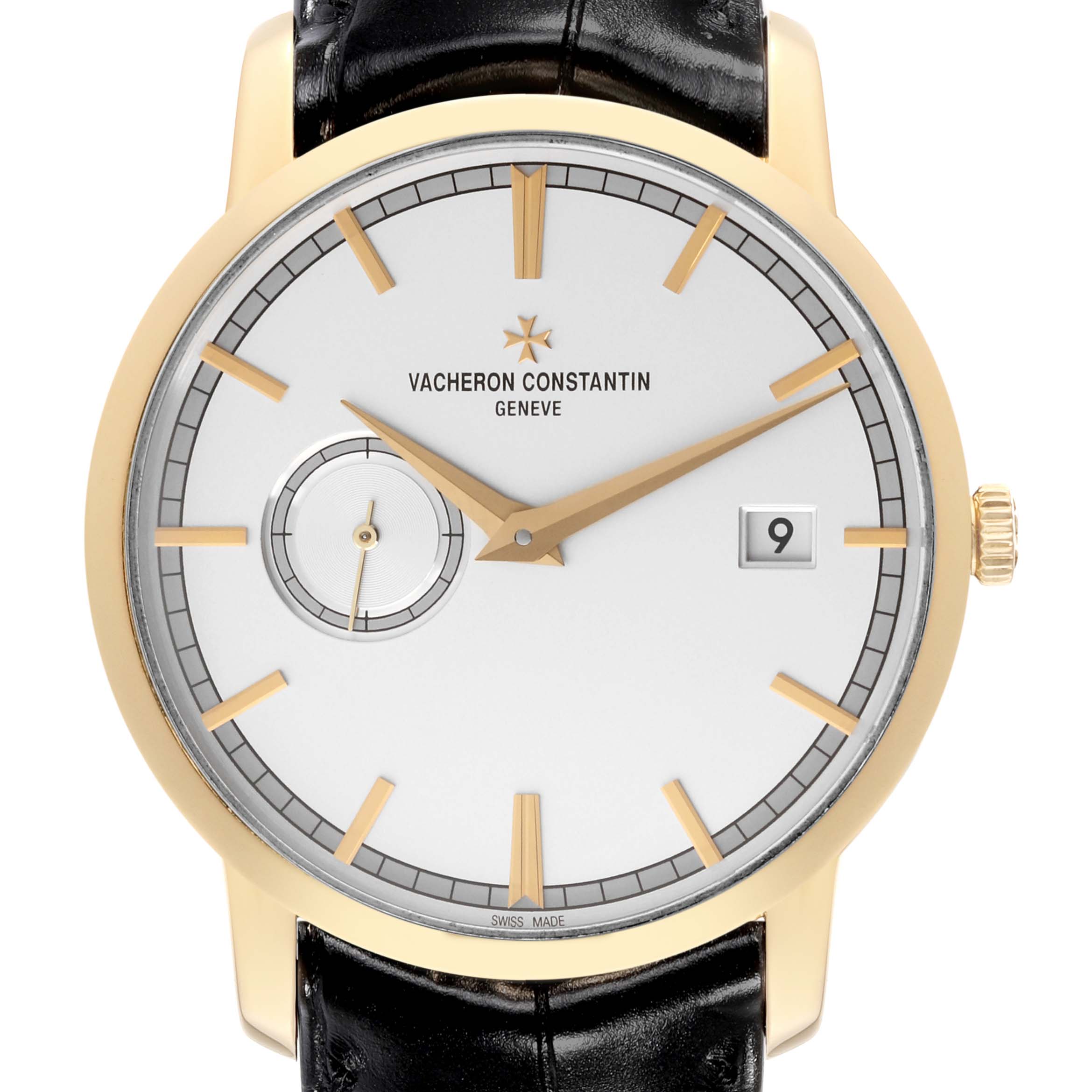 The image shows a front angle of the Vacheron Constantin Traditionnelle 87172/000J Men's Yellow Gold Silver Dial 87172/000J Men's Yellow Gold Silver Dial watch, highlighting its gold case, white dial, and black leather strap.