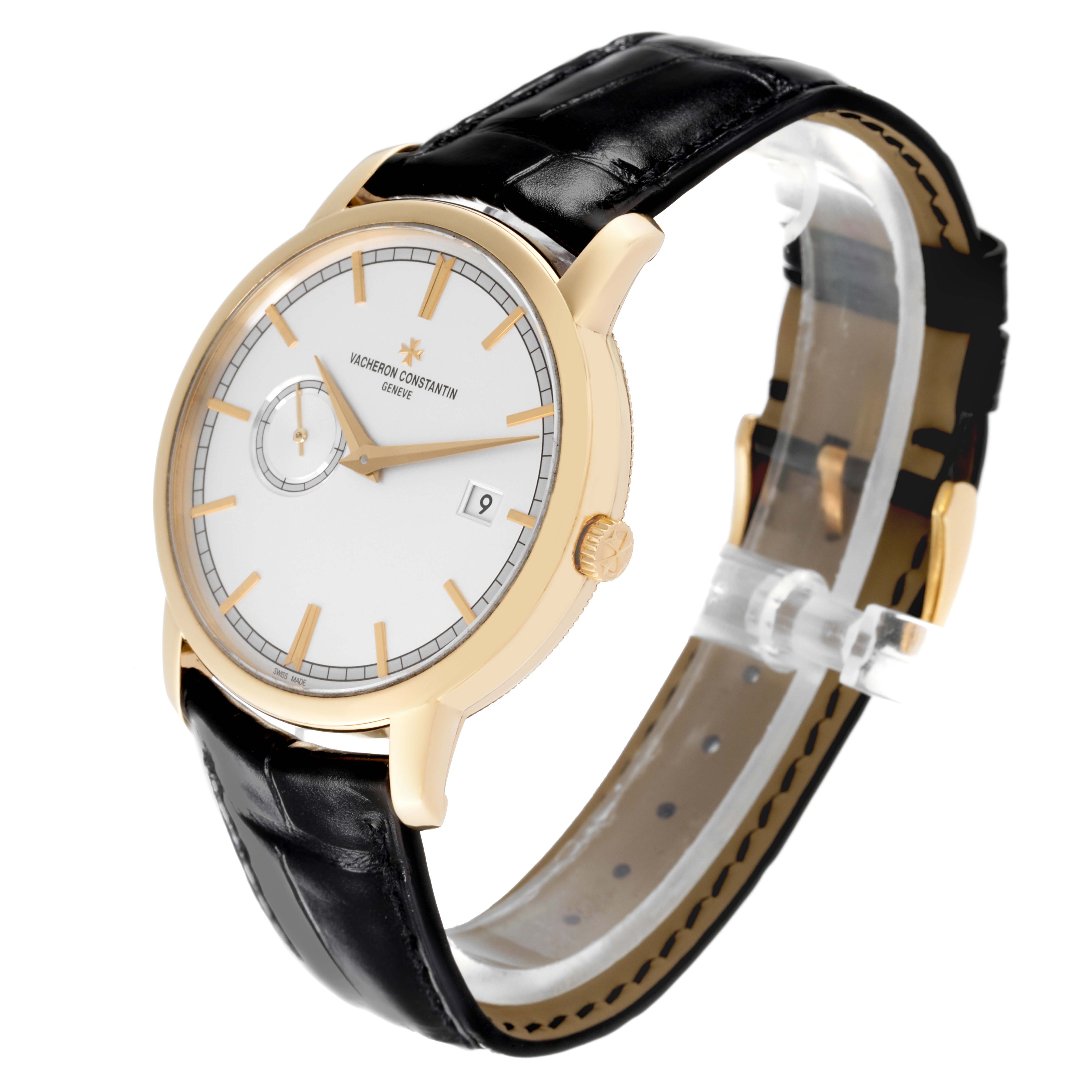 This image shows a front-side angle of the Vacheron Constantin Traditionnelle 87172/000J Men's Yellow Gold Silver Dial 87172/000J Men's Yellow Gold Silver Dial watch, displaying its dial, case, and black leather strap.