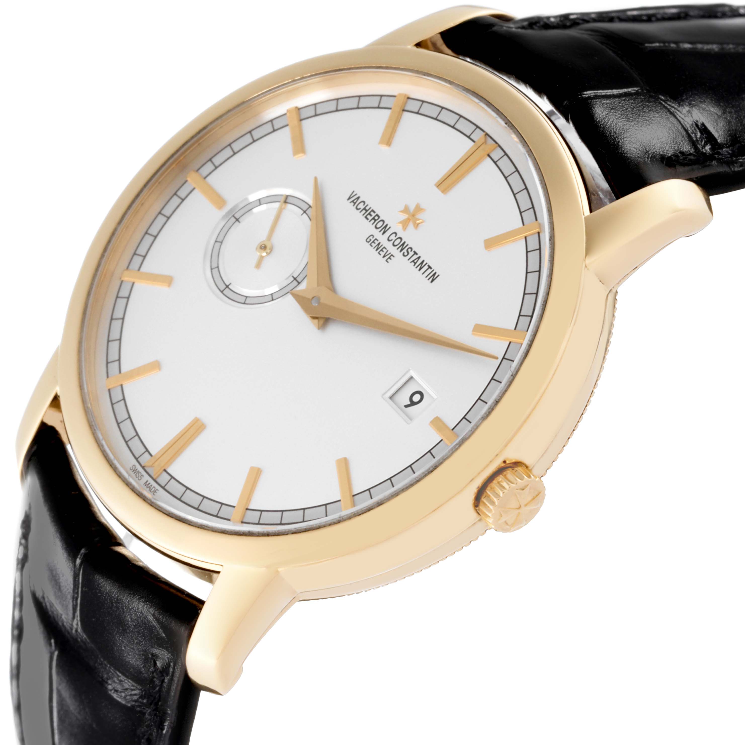 The Vacheron Constantin Traditionnelle 87172/000J Men's Yellow Gold Silver Dial 87172/000J Men's Yellow Gold Silver Dial watch is shown from an angled view displaying the dial, crown, and part of the strap.