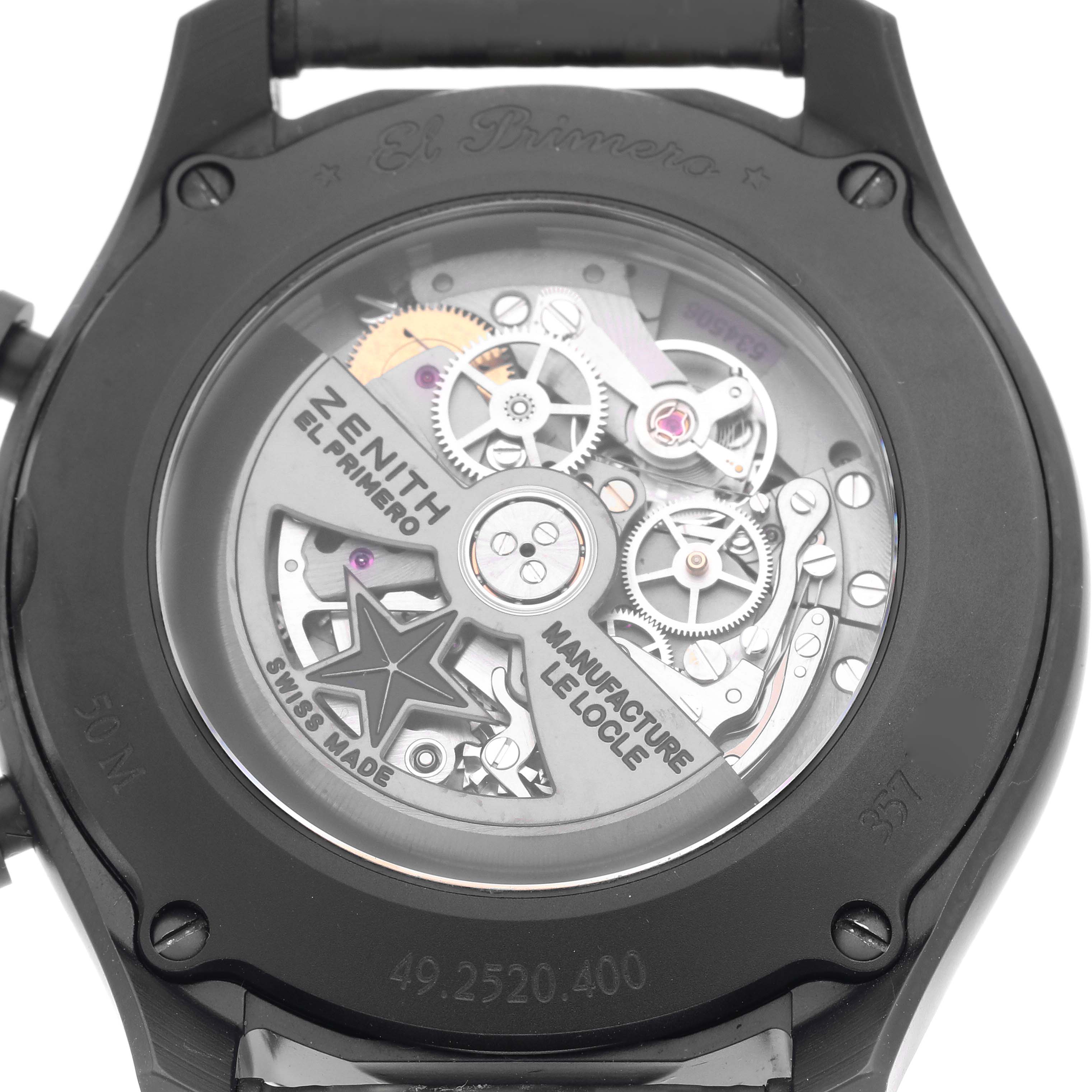 This image shows the back view of the Zenith El Primero 49.2520.400/98.R578 Men's Ceramic Grey Dial 49.2520.400/98.R578 Men's Ceramic Grey Dial watch, highlighting its intricate internal mechanics.