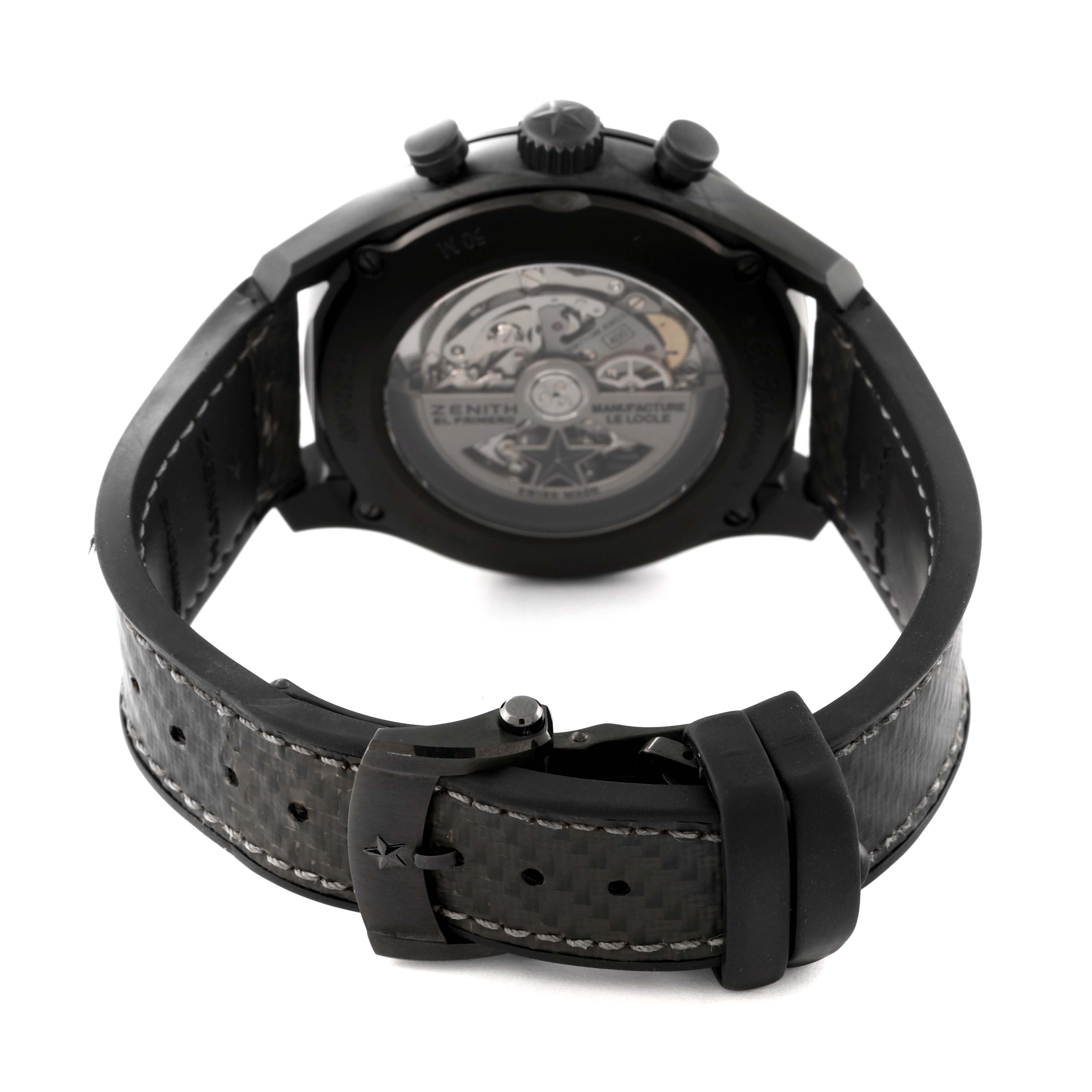 The image shows the back view of the Zenith El Primero 49.2520.400/98.R578 Men's Ceramic Grey Dial 49.2520.400/98.R578 Men's Ceramic Grey Dial watch, highlighting its movement and the leather strap with a buckle.