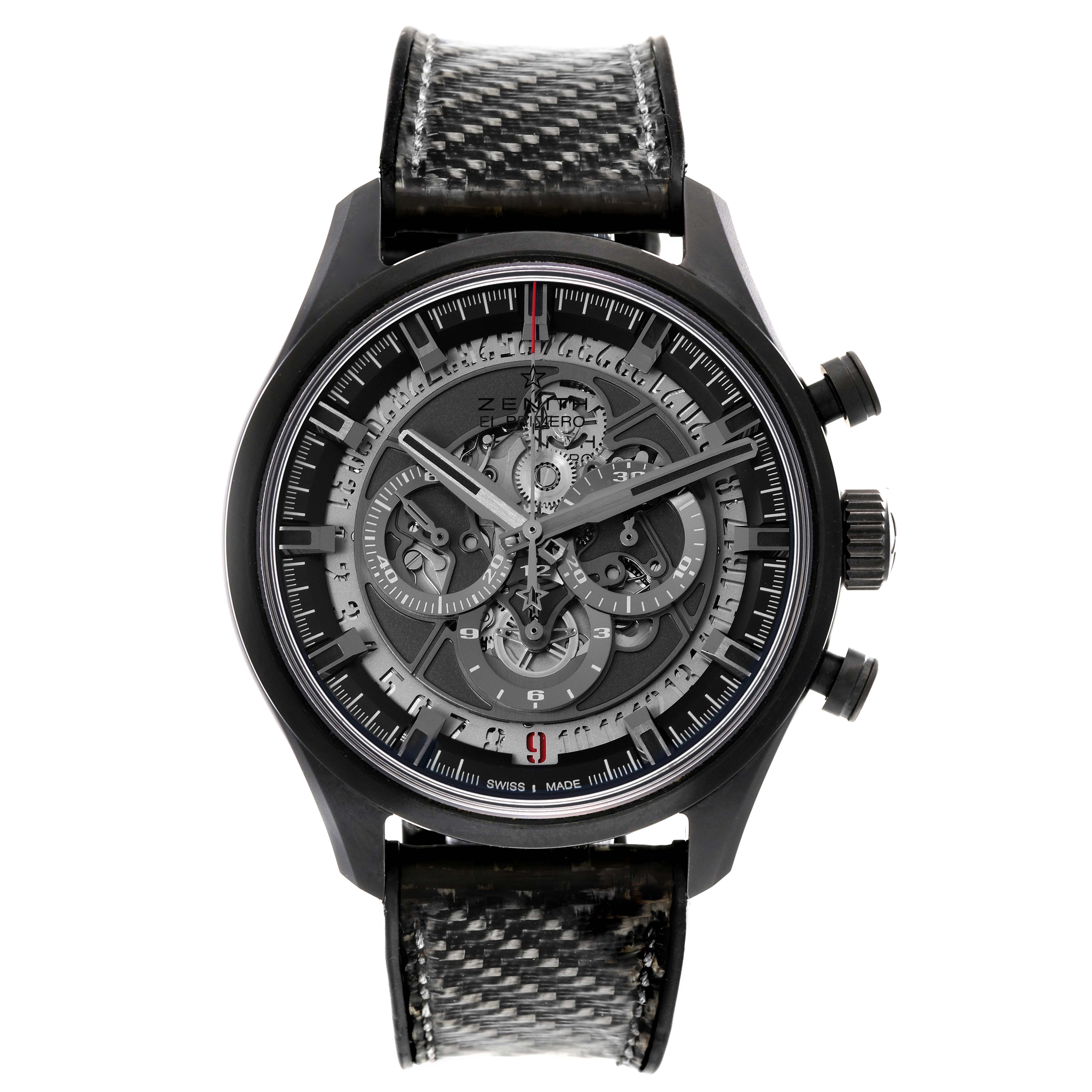 This image shows a Zenith El Primero 49.2520.400/98.R578 Men's Ceramic Grey Dial 49.2520.400/98.R578 Men's Ceramic Grey Dial watch from a front angle, highlighting its face, dial, and strap.