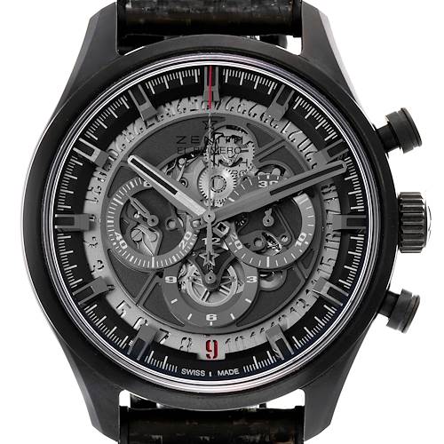 The image shows a front view of the Zenith El Primero model, highlighting its dial, sub-dials, and crown.