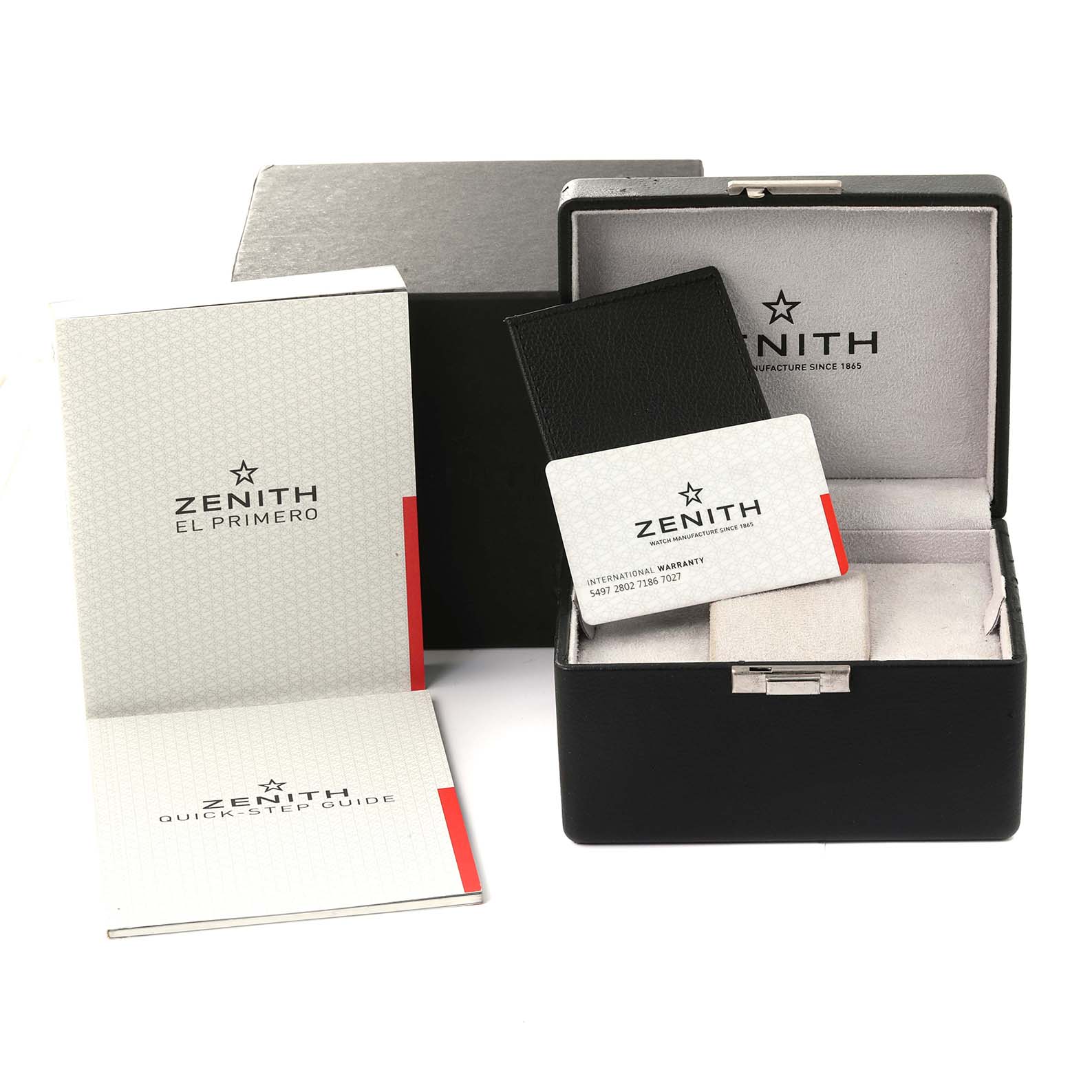 The image shows the packaging, warranty card, guidebook, and box for the Zenith El Primero 49.2520.400/98.R578 Men's Ceramic Grey Dial 49.2520.400/98.R578 Men's Ceramic Grey Dial watch.